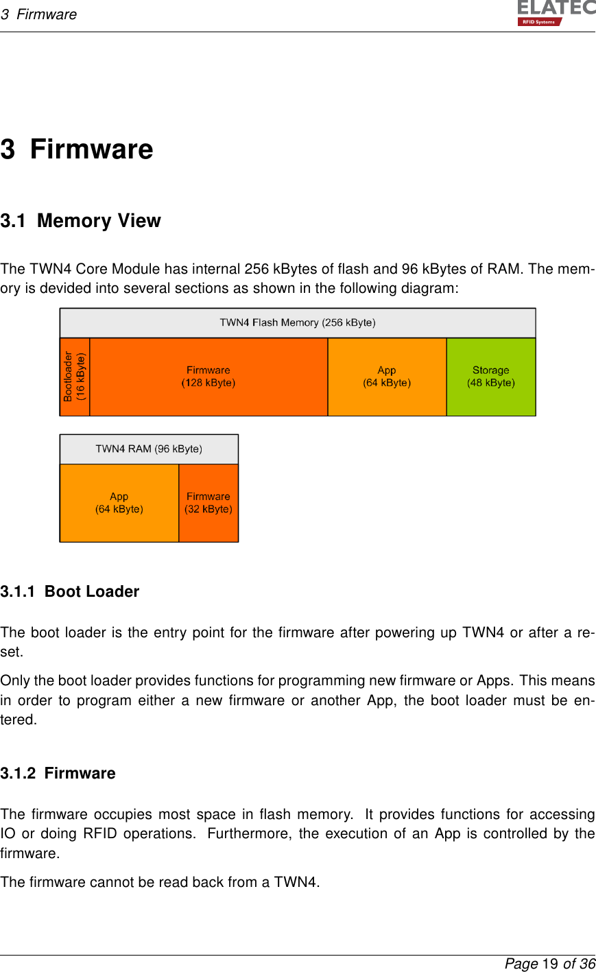 3 Firmware3 Firmware3.1 Memory ViewThe TWN4 Core Module has internal 256 kBytes of ﬂash and 96 kBytes of RAM. The mem-ory is devided into several sections as shown in the following diagram:3.1.1 Boot LoaderThe boot loader is the entry point for the ﬁrmware after powering up TWN4 or after a re-set.Only the boot loader provides functions for programming new ﬁrmware or Apps. This meansin order to program either a new ﬁrmware or another App, the boot loader must be en-tered.3.1.2 FirmwareThe ﬁrmware occupies most space in ﬂash memory. It provides functions for accessingIO or doing RFID operations. Furthermore, the execution of an App is controlled by theﬁrmware.The ﬁrmware cannot be read back from a TWN4.Page 19 of 36