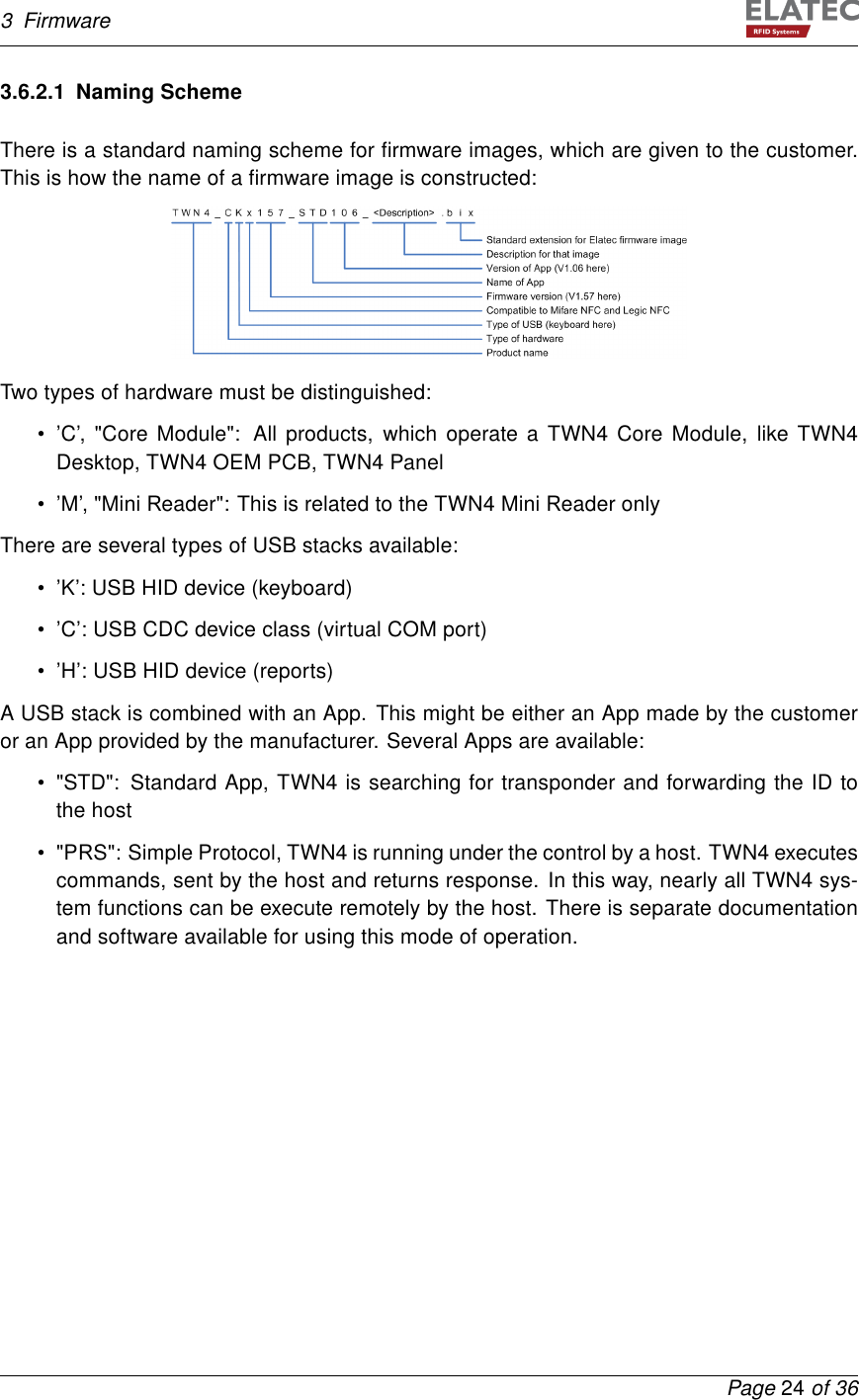 3 Firmware3.6.2.1 Naming SchemeThere is a standard naming scheme for ﬁrmware images, which are given to the customer.This is how the name of a ﬁrmware image is constructed:Two types of hardware must be distinguished:• ’C’, &quot;Core Module&quot;: All products, which operate a TWN4 Core Module, like TWN4Desktop, TWN4 OEM PCB, TWN4 Panel• ’M’, &quot;Mini Reader&quot;: This is related to the TWN4 Mini Reader onlyThere are several types of USB stacks available:• ’K’: USB HID device (keyboard)• ’C’: USB CDC device class (virtual COM port)• ’H’: USB HID device (reports)A USB stack is combined with an App. This might be either an App made by the customeror an App provided by the manufacturer. Several Apps are available:• &quot;STD&quot;: Standard App, TWN4 is searching for transponder and forwarding the ID tothe host• &quot;PRS&quot;: Simple Protocol, TWN4 is running under the control by a host. TWN4 executescommands, sent by the host and returns response. In this way, nearly all TWN4 sys-tem functions can be execute remotely by the host. There is separate documentationand software available for using this mode of operation.Page 24 of 36