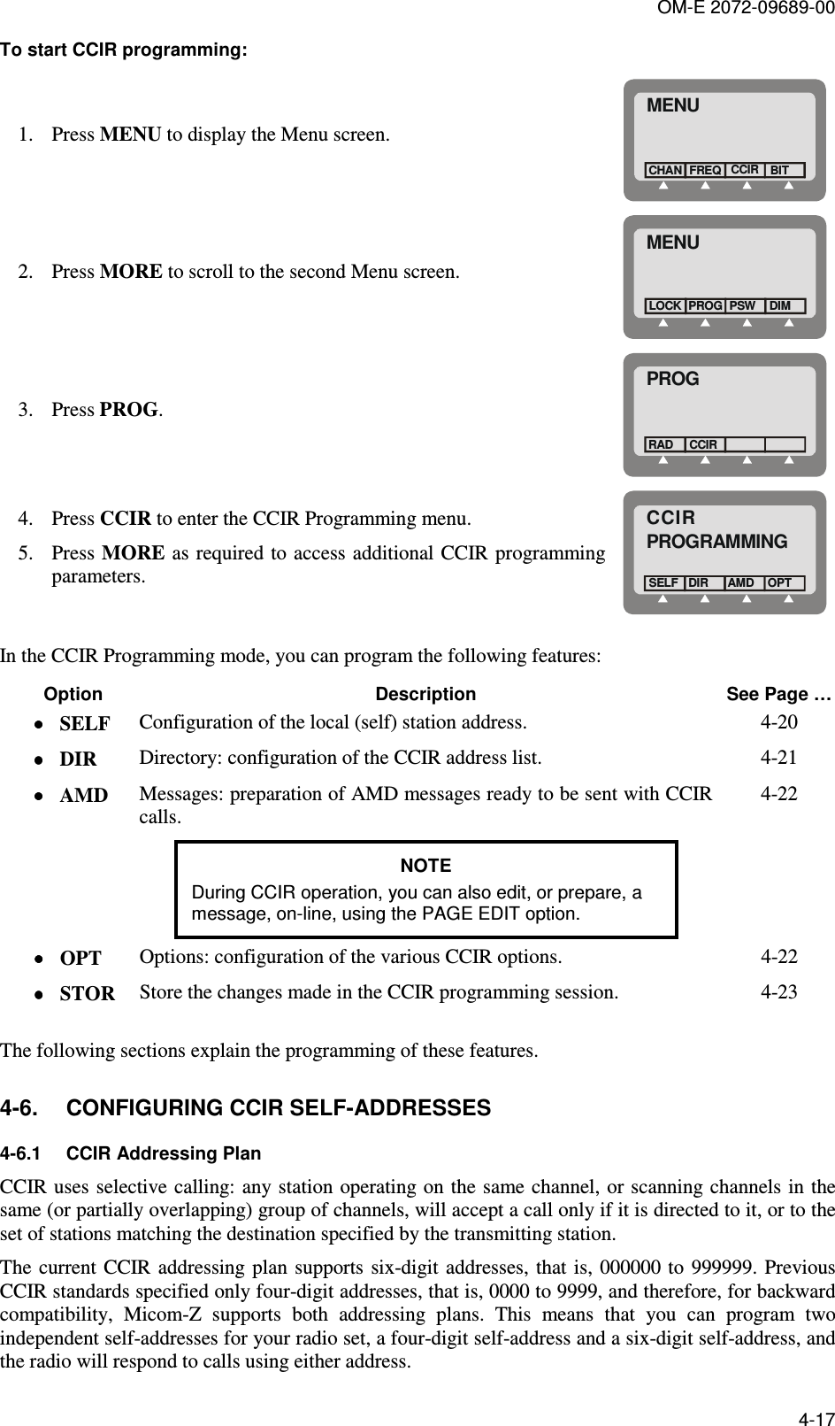 OM-E 2072-09689-00 4-17 To start CCIR programming: 1. Press MENU to display the Menu screen. MENUFREQCHANCCIRBIT 2. Press MORE to scroll to the second Menu screen. MENUPROGLOCK PSWDIM 3. Press PROG.  PROGCCIRRAD 4. Press CCIR to enter the CCIR Programming menu. 5. Press MORE as required to access additional CCIR programming parameters. CCIRPROGRAMMINGDIRSELFOPTAMD  In the CCIR Programming mode, you can program the following features: Option  Description  See Page … •••• SELF  Configuration of the local (self) station address.  4-20 •••• DIR  Directory: configuration of the CCIR address list.  4-21 •••• AMD  Messages: preparation of AMD messages ready to be sent with CCIR calls. NOTE During CCIR operation, you can also edit, or prepare, a message, on-line, using the PAGE EDIT option. 4-22 •••• OPT  Options: configuration of the various CCIR options.  4-22 •••• STOR  Store the changes made in the CCIR programming session.  4-23  The following sections explain the programming of these features.  4-6.  CONFIGURING CCIR SELF-ADDRESSES 4-6.1  CCIR Addressing Plan CCIR uses selective calling: any station operating on the same channel, or scanning channels in the same (or partially overlapping) group of channels, will accept a call only if it is directed to it, or to the set of stations matching the destination specified by the transmitting station. The  current CCIR addressing  plan  supports six-digit  addresses, that is, 000000 to  999999. Previous CCIR standards specified only four-digit addresses, that is, 0000 to 9999, and therefore, for backward compatibility,  Micom-Z  supports  both  addressing  plans.  This  means  that  you  can  program  two independent self-addresses for your radio set, a four-digit self-address and a six-digit self-address, and the radio will respond to calls using either address. 