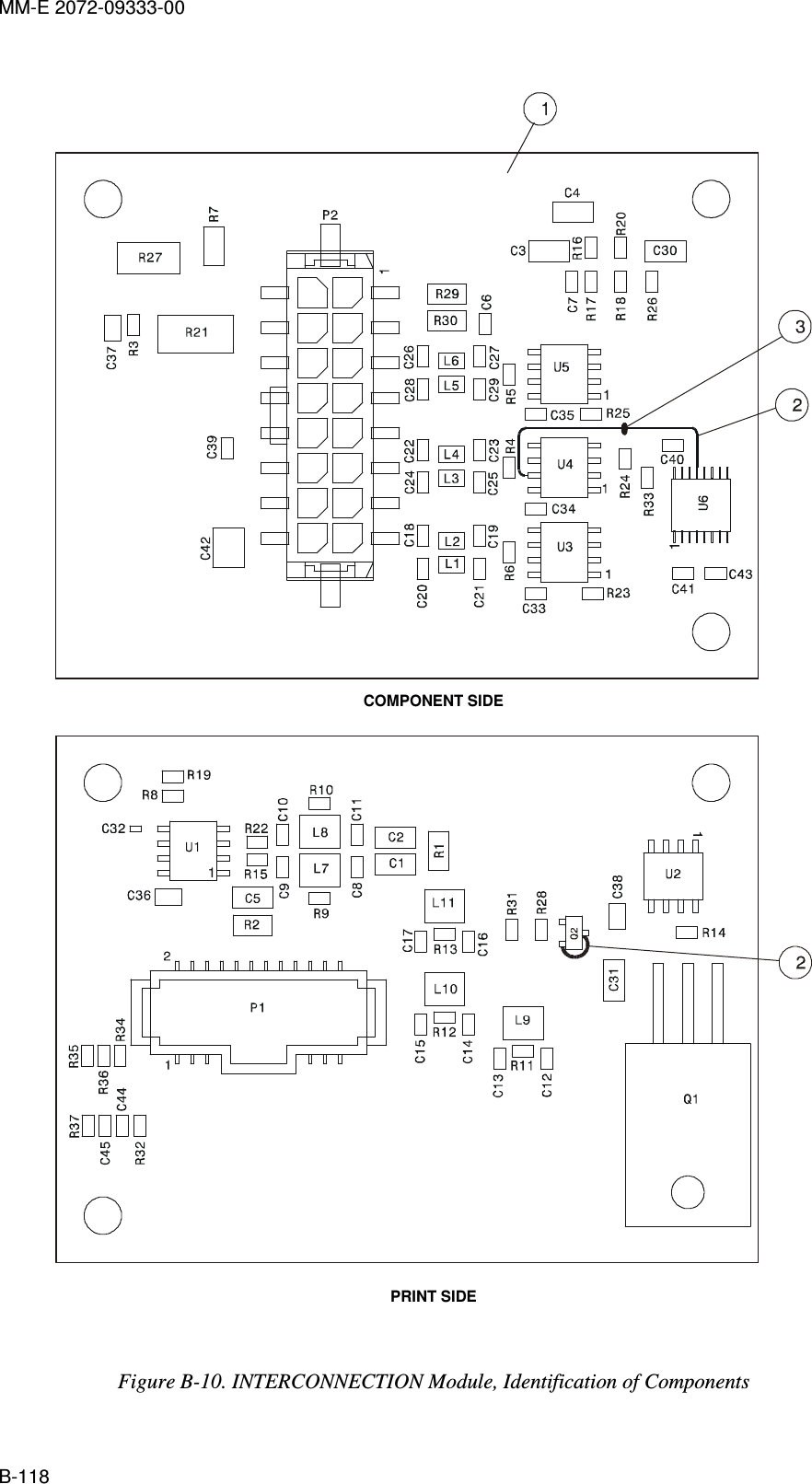 MM-E 2072-09333-00 B-118     COMPONENT SIDE  PRINT SIDE  Figure  B-10. INTERCONNECTION Module, Identification of Components  