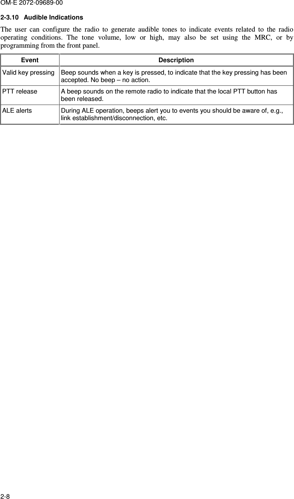 OM-E 2072-09689-00 2-8 2-3.10  Audible Indications  The  user  can  configure  the  radio  to  generate  audible  tones  to  indicate  events  related  to  the  radio operating  conditions.  The  tone  volume,  low  or  high,  may  also  be  set  using  the  MRC,  or  by programming from the front panel.  Event   Description  Valid key pressing  Beep sounds when a key is pressed, to indicate that the key pressing has been accepted. No beep – no action. PTT release   A beep sounds on the remote radio to indicate that the local PTT button has been released. ALE alerts  During ALE operation, beeps alert you to events you should be aware of, e.g., link establishment/disconnection, etc.   