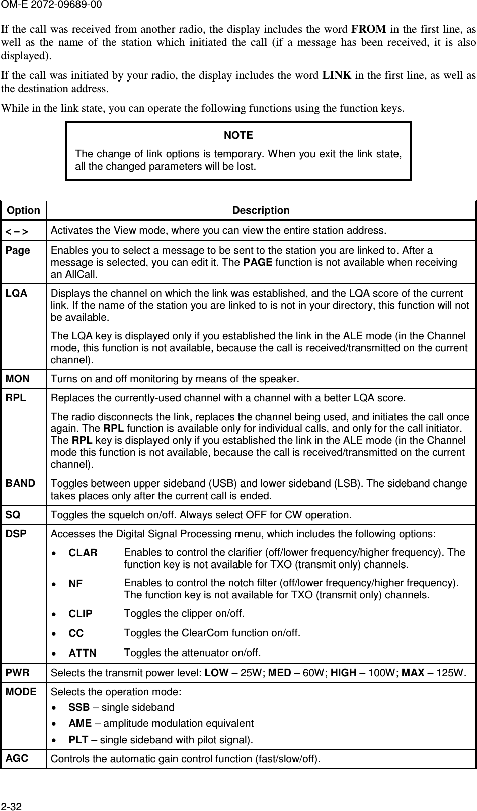 OM-E 2072-09689-00 2-32 If the call was received from another radio, the display includes the word FROM in the first line, as well  as  the  name  of  the  station  which  initiated  the  call  (if  a  message  has  been  received,  it  is  also displayed). If the call was initiated by your radio, the display includes the word LINK in the first line, as well as the destination address. While in the link state, you can operate the following functions using the function keys. NOTE The change of link options is temporary. When you exit the link state, all the changed parameters will be lost.  Option Description &lt; − &gt;&lt; − &gt;&lt; − &gt;&lt; − &gt; Activates the View mode, where you can view the entire station address. Page  Enables you to select a message to be sent to the station you are linked to. After a message is selected, you can edit it. The PAGE function is not available when receiving an AllCall. LQA   Displays the channel on which the link was established, and the LQA score of the current link. If the name of the station you are linked to is not in your directory, this function will not be available.  The LQA key is displayed only if you established the link in the ALE mode (in the Channel mode, this function is not available, because the call is received/transmitted on the current channel). MON   Turns on and off monitoring by means of the speaker. RPL  Replaces the currently-used channel with a channel with a better LQA score.  The radio disconnects the link, replaces the channel being used, and initiates the call once again. The RPL function is available only for individual calls, and only for the call initiator. The RPL key is displayed only if you established the link in the ALE mode (in the Channel mode this function is not available, because the call is received/transmitted on the current channel). BAND  Toggles between upper sideband (USB) and lower sideband (LSB). The sideband change takes places only after the current call is ended. SQ   Toggles the squelch on/off. Always select OFF for CW operation. DSP   Accesses the Digital Signal Processing menu, which includes the following options:  • CLAR   Enables to control the clarifier (off/lower frequency/higher frequency). The function key is not available for TXO (transmit only) channels.  • NF   Enables to control the notch filter (off/lower frequency/higher frequency). The function key is not available for TXO (transmit only) channels.  • CLIP  Toggles the clipper on/off.  • CC  Toggles the ClearCom function on/off.  • ATTN  Toggles the attenuator on/off. PWR  Selects the transmit power level: LOW – 25W; MED – 60W; HIGH – 100W; MAX – 125W. MODE  Selects the operation mode: • SSB – single sideband • AME – amplitude modulation equivalent • PLT – single sideband with pilot signal). AGC  Controls the automatic gain control function (fast/slow/off). 