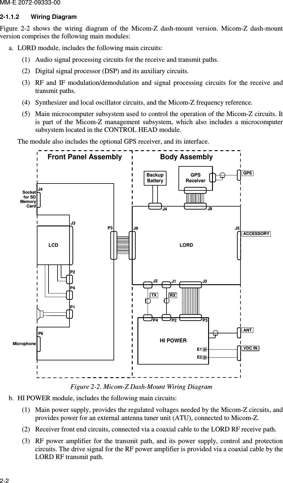 MM-E 2072-09333-00 2-2 2-1.1.2  Wiring Diagram Figure   2-2  shows  the  wiring  diagram  of  the  Micom-Z  dash-mount  version.  Micom-Z  dash-mount version comprises the following main modules: a. LORD module, includes the following main circuits: (1) Audio signal processing circuits for the receive and transmit paths. (2) Digital signal processor (DSP) and its auxiliary circuits. (3) RF  and  IF  modulation/demodulation  and  signal  processing  circuits  for  the  receive  and transmit paths.  (4) Synthesizer and local oscillator circuits, and the Micom-Z frequency reference.   (5) Main microcomputer subsystem used to control the operation of the Micom-Z circuits. It is  part  of  the  Micom-Z  management  subsystem,  which  also  includes  a  microcomputer subsystem located in the CONTROL HEAD module. The module also includes the optional GPS receiver, and its interface. LCD LORDJ4P3 J6GPSGPSReceiverJ8BackupBatteryJ4HI POWERJ3J1P3RXP2J2TXP4J5ACCESSORYANTVDC INE2E1J3P2P4P1P6Body AssemblyFront Panel AssemblySocketfor SDMemoryCardMicrophone Figure  2-2. Micom-Z Dash-Mount Wiring Diagram b. HI POWER module, includes the following main circuits: (1) Main power supply, provides the regulated voltages needed by the Micom-Z circuits, and provides power for an external antenna tuner unit (ATU), connected to Micom-Z. (2) Receiver front end circuits, connected via a coaxial cable to the LORD RF receive path. (3) RF  power  amplifier  for the  transmit path,  and its  power  supply, control and  protection circuits. The drive signal for the RF power amplifier is provided via a coaxial cable by the LORD RF transmit path. 