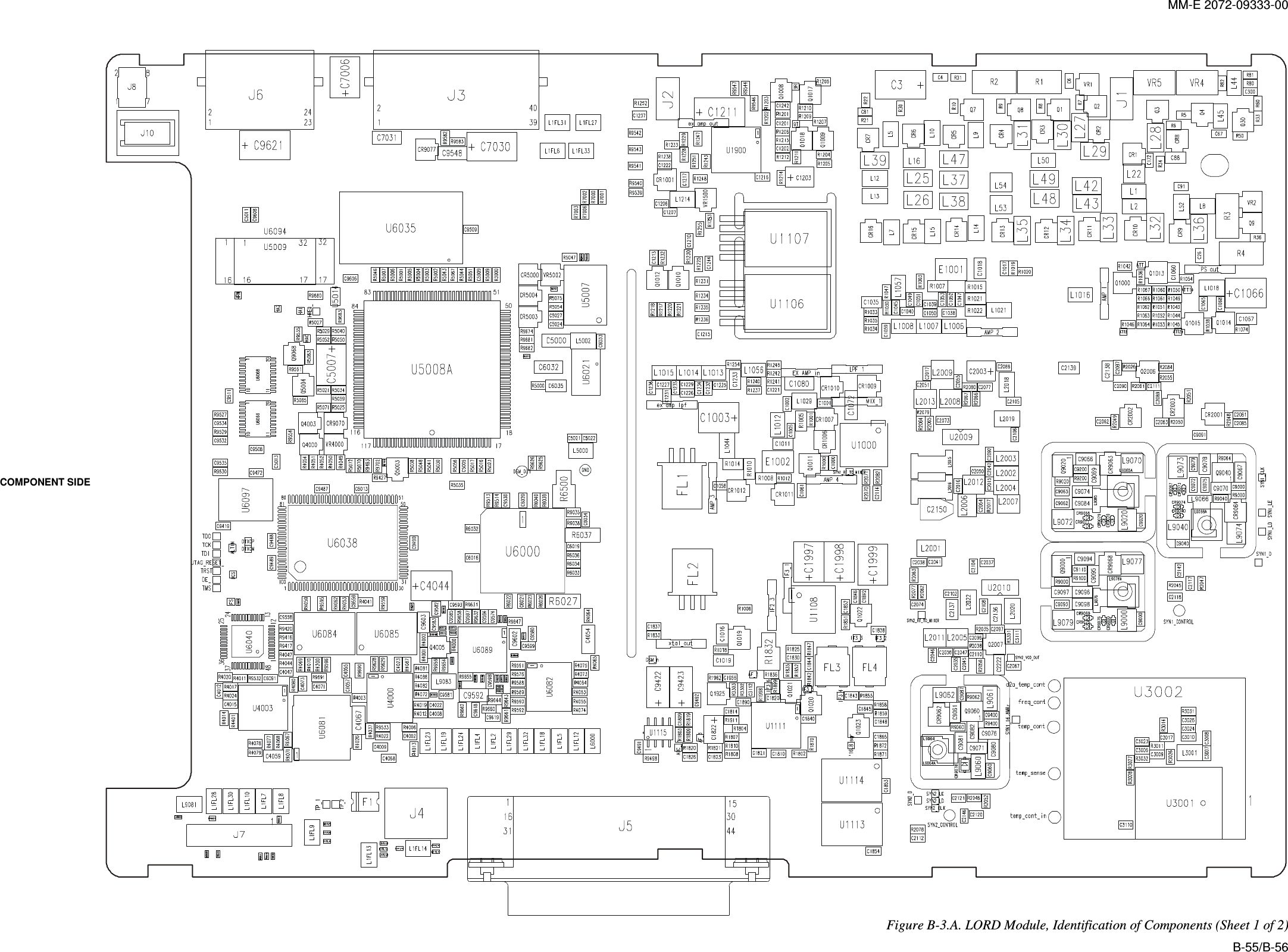 MM-E 2072-09333-00  COMPONENT SIDE  Figure  B-3.A. LORD Module, Identification of Components (Sheet 1 of 2) B-55/B-56 