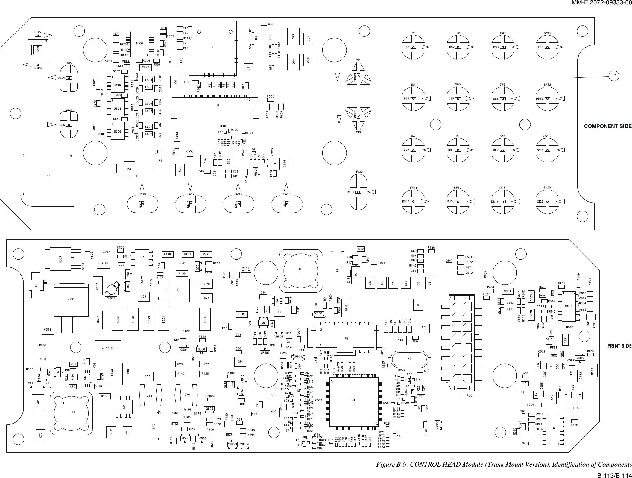 MM-E 2072-09333-00 COMPONENT SIDE  PRINT SIDE Figure  B-9. CONTROL HEAD Module (Trunk Mount Version), Identification of Components B-113/B-114 