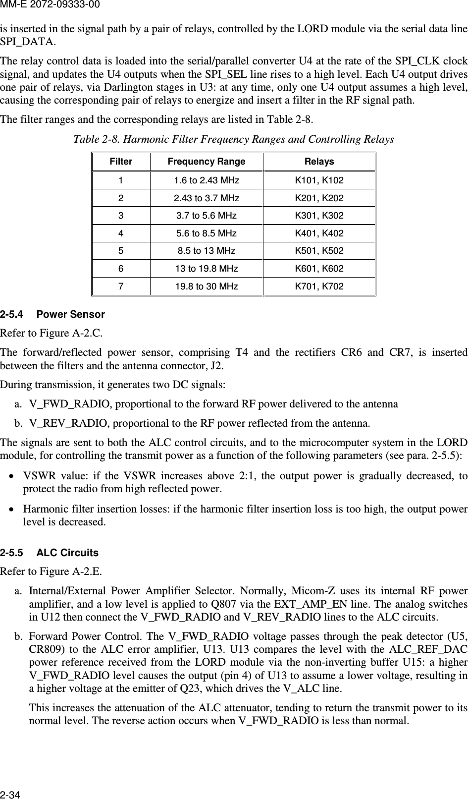 MM-E 2072-09333-00 2-34 is inserted in the signal path by a pair of relays, controlled by the LORD module via the serial data line SPI_DATA.  The relay control data is loaded into the serial/parallel converter U4 at the rate of the SPI_CLK clock signal, and updates the U4 outputs when the SPI_SEL line rises to a high level. Each U4 output drives one pair of relays, via Darlington stages in U3: at any time, only one U4 output assumes a high level, causing the corresponding pair of relays to energize and insert a filter in the RF signal path.  The filter ranges and the corresponding relays are listed in Table  2-8. Table  2-8. Harmonic Filter Frequency Ranges and Controlling Relays Filter  Frequency Range  Relays 1  1.6 to 2.43 MHz  K101, K102 2  2.43 to 3.7 MHz  K201, K202 3  3.7 to 5.6 MHz  K301, K302 4  5.6 to 8.5 MHz  K401, K402 5  8.5 to 13 MHz  K501, K502 6  13 to 19.8 MHz  K601, K602 7  19.8 to 30 MHz  K701, K702 2-5.4  Power Sensor Refer to Figure A-2.C. The  forward/reflected  power  sensor,  comprising  T4  and  the  rectifiers  CR6  and  CR7,  is  inserted between the filters and the antenna connector, J2.  During transmission, it generates two DC signals:  a. V_FWD_RADIO, proportional to the forward RF power delivered to the antenna b. V_REV_RADIO, proportional to the RF power reflected from the antenna.  The signals are sent to both the ALC control circuits, and to the microcomputer system in the LORD module, for controlling the transmit power as a function of the following parameters (see para.  2-5.5): • VSWR  value:  if  the  VSWR  increases  above  2:1,  the  output  power  is  gradually  decreased,  to protect the radio from high reflected power. • Harmonic filter insertion losses: if the harmonic filter insertion loss is too high, the output power level is decreased. 2-5.5  ALC Circuits  Refer to Figure A-2.E. a. Internal/External  Power  Amplifier  Selector.  Normally,  Micom-Z  uses  its  internal  RF  power amplifier, and a low level is applied to Q807 via the EXT_AMP_EN line. The analog switches in U12 then connect the V_FWD_RADIO and V_REV_RADIO lines to the ALC circuits. b. Forward Power  Control. The V_FWD_RADIO voltage passes through the peak detector  (U5, CR809)  to  the  ALC  error  amplifier,  U13.  U13  compares  the  level  with  the  ALC_REF_DAC power  reference received  from  the  LORD  module via  the  non-inverting buffer  U15:  a  higher V_FWD_RADIO level causes the output (pin 4) of U13 to assume a lower voltage, resulting in a higher voltage at the emitter of Q23, which drives the V_ALC line. This increases the attenuation of the ALC attenuator, tending to return the transmit power to its normal level. The reverse action occurs when V_FWD_RADIO is less than normal.  