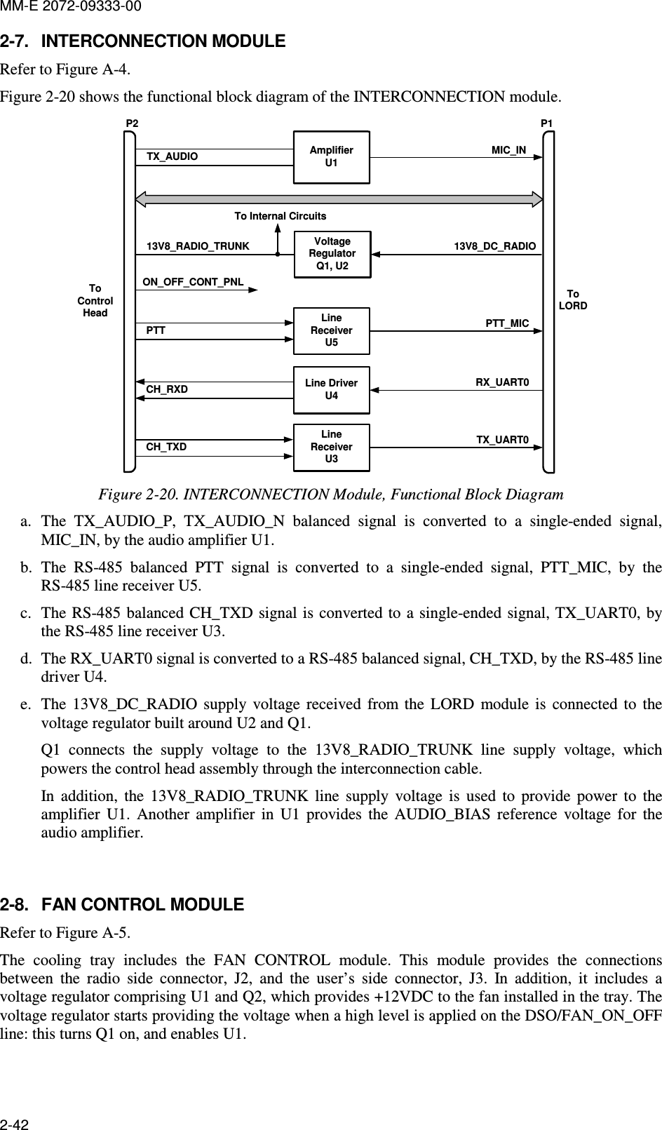 MM-E 2072-09333-00 2-42 2-7.  INTERCONNECTION MODULE Refer to Figure A-4. Figure  2-20 shows the functional block diagram of the INTERCONNECTION module. P2AmplifierU1P1TX_AUDIOToControlHead13V8_RADIO_TRUNK VoltageRegulatorQ1, U2To Internal Circuits13V8_DC_RADIOON_OFF_CONT_PNLLineReceiverU5PTTLine DriverU4LineReceiverU3CH_RXDCH_TXDPTT_MICRX_UART0TX_UART0ToLORDMIC_IN Figure  2-20. INTERCONNECTION Module, Functional Block Diagram  a. The  TX_AUDIO_P,  TX_AUDIO_N  balanced  signal  is  converted  to  a  single-ended  signal, MIC_IN, by the audio amplifier U1.  b. The  RS-485  balanced  PTT  signal  is  converted  to  a  single-ended  signal,  PTT_MIC,  by  the RS-485 line receiver U5.  c. The RS-485 balanced CH_TXD signal is  converted to a single-ended  signal, TX_UART0, by the RS-485 line receiver U3.  d. The RX_UART0 signal is converted to a RS-485 balanced signal, CH_TXD, by the RS-485 line driver U4. e. The  13V8_DC_RADIO  supply  voltage  received  from  the  LORD  module  is  connected  to  the voltage regulator built around U2 and Q1.  Q1  connects  the  supply  voltage  to  the  13V8_RADIO_TRUNK  line  supply  voltage,  which powers the control head assembly through the interconnection cable. In  addition,  the  13V8_RADIO_TRUNK  line  supply  voltage  is  used  to  provide  power  to  the amplifier  U1.  Another  amplifier  in  U1  provides  the  AUDIO_BIAS  reference  voltage  for  the audio amplifier.  2-8.  FAN CONTROL MODULE  Refer to Figure A-5. The  cooling  tray  includes  the  FAN  CONTROL  module.  This  module  provides  the  connections between  the  radio  side  connector,  J2,  and  the  user’s  side  connector,  J3.  In  addition,  it  includes  a voltage regulator comprising U1 and Q2, which provides +12VDC to the fan installed in the tray. The voltage regulator starts providing the voltage when a high level is applied on the DSO/FAN_ON_OFF line: this turns Q1 on, and enables U1.    