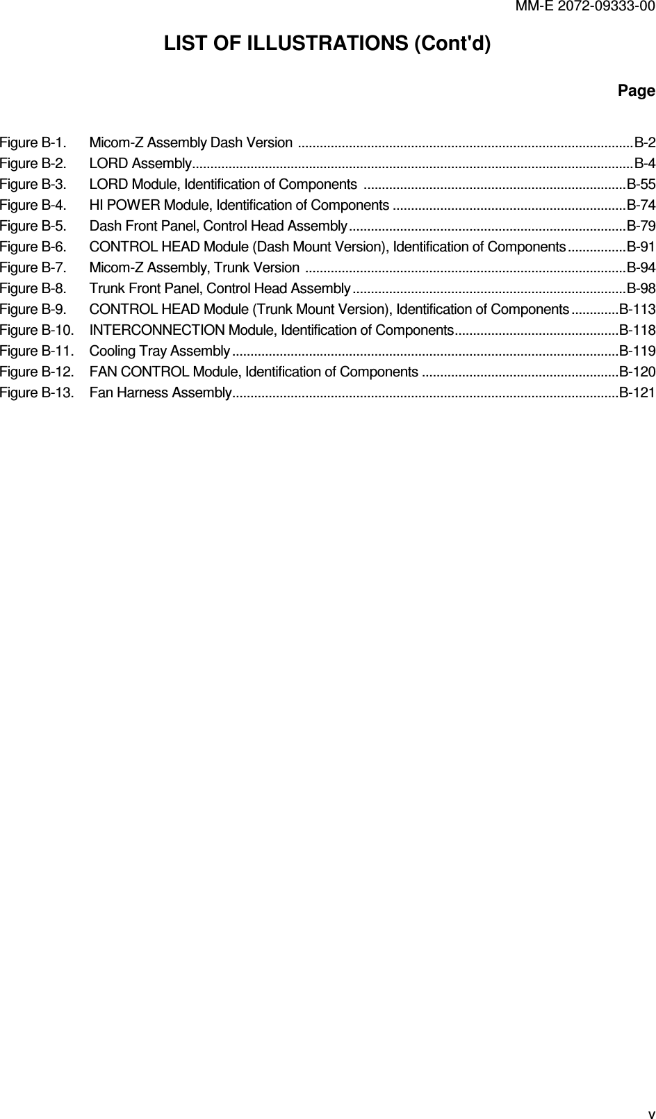 MM-E 2072-09333-00 v LIST OF ILLUSTRATIONS (Cont&apos;d) Page  Figure  B-1.  Micom-Z Assembly Dash Version ............................................................................................B-2 Figure  B-2.  LORD Assembly.........................................................................................................................B-4 Figure  B-3.  LORD Module, Identification of Components  ........................................................................B-55 Figure  B-4.  HI POWER Module, Identification of Components ................................................................B-74 Figure  B-5.  Dash Front Panel, Control Head Assembly............................................................................B-79 Figure  B-6.  CONTROL HEAD Module (Dash Mount Version), Identification of Components................B-91 Figure  B-7.  Micom-Z Assembly, Trunk Version ........................................................................................B-94 Figure  B-8.  Trunk Front Panel, Control Head Assembly...........................................................................B-98 Figure  B-9.  CONTROL HEAD Module (Trunk Mount Version), Identification of Components.............B-113 Figure  B-10.  INTERCONNECTION Module, Identification of Components.............................................B-118 Figure  B-11.  Cooling Tray Assembly..........................................................................................................B-119 Figure  B-12.  FAN CONTROL Module, Identification of Components ......................................................B-120 Figure  B-13.  Fan Harness Assembly..........................................................................................................B-121     