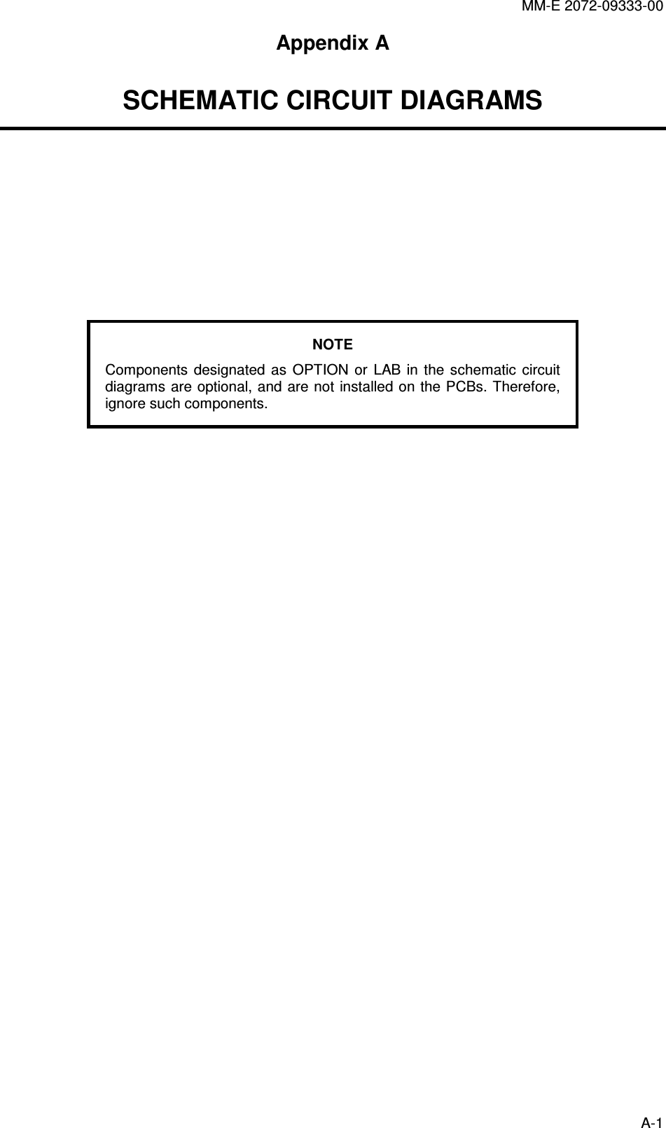 MM-E 2072-09333-00 A-1 Appendix A  SCHEMATIC CIRCUIT DIAGRAMS       NOTE Components  designated  as  OPTION  or  LAB in  the  schematic  circuit diagrams are optional, and are not installed on the  PCBs. Therefore, ignore such components.  