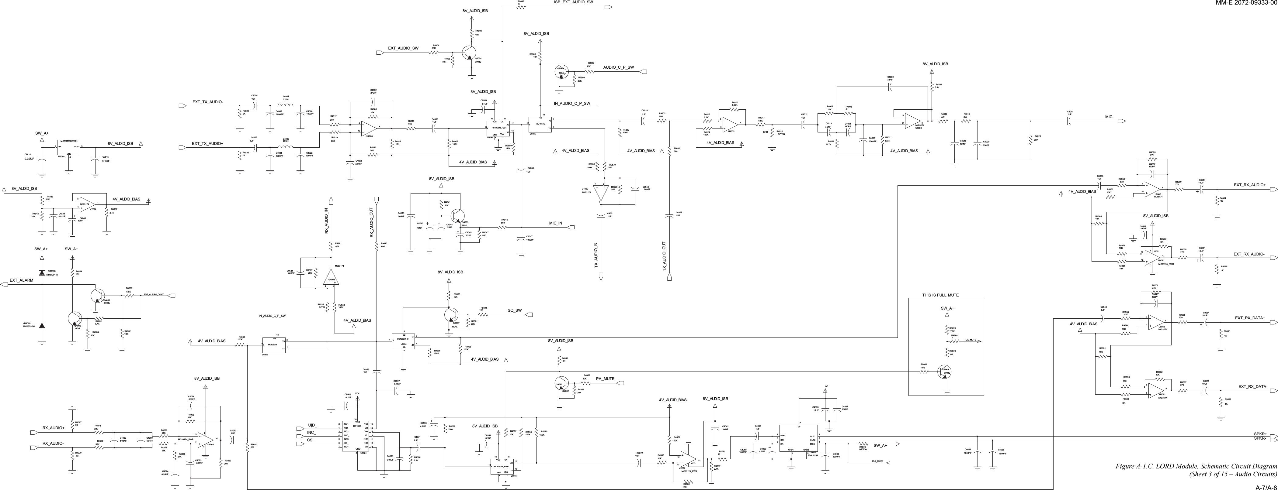 C404433UFTHIS IS FULL MUTEMC33174U60826574V_AUDID_BIASC955410UFC95580.1UFR405710K10KR9590R4014220R400310KR40158V_AUDID_ISB220SW_A+C4002270PFC9549100NF4V_AUDID_BIASR400710KR4026100K20KR4005301K1UFC9542330PFR40211000PFC4021C4020MC33174_PWRU40031312144115Z1 31000PFC406820KR4083HC4053-M_CU6084CL6CZ9Z4Z0R4087Q40003904L2.7KR958910K3KR400810UFC40404V_AUDID_BIAS4V_AUDID_BIASC40551UFC40570.01UF4V_AUDID_BIASC4056680PFR40672KA+R958020K3.3KR4401C40621UF1000PFC402220KR95783.3KR4058R407139K330PFC40521KR406420KR95811KR9599R408820KR406310K8V_AUDID_ISBR40866.8KR4012Q40023904L10K20KR406851KR95873904LQ9069R96025608.25KR401110KR4004U4000MC33174657VCCR402227KR4055R4200100K39K100KR9532R40302K10KR4049R406120K22UH10KR95864V_AUDID_BIASL4002HC4053-M_PWRU6084CX11GND8VCC16VEE7X14X0 12X1 1320K20KR4033R9577U6085HC4053-M10CY15Y2Y01Y12KR4009R40514.7K680PFC9544C96141000PFC40648V_AUDID_ISB0.39UF270R406010UFC404527KR40801000PFC40083904LQ9067680PFC4023C40740.39UFR4024100KC40041UF100KR405915UFC4070R96001KC40581UF22UHL400112PFC4060910 8C40071000PFR9579MC33174U4003MMBZ5254LVR400020KC40531UF4V_AUDID_BIAS4V_AUDID_BIAS4V_AUDID_BIASSW_A+SW_A+1MC33174U60822314V_AUDID_BIAS4OUT2 6RR3VP7U4003MC3317423TDA1519AU4002GND12GND25INV9M|SS 8NINV1OUT1R404710K8V_AUDID_ISBR406627KR401920KCY10Y15Y0 2Y1 1604R9690HC4053-MU6084R40372.7KC406110UF5.6KR4016R9698010UFC4043SW_A+U40009108C95311UF3904L8V_AUDID_ISB150KR4069Q4004R4020OPTIONENHR95363.3K1UFC401210UFC4054C4042100NF20KR40430.01UFC40397U4000MC33174231U400365C40711UF1UFC4017C9543680PFR4076OPTION C40651000PF6.8KR4050R40792K10KR4018C95554.7UFR4070150KR407410KR959310K10KR4041R9691604R406210K1214VCC411150KR9596R4044560U4000MC33174_PWR13R4075270C40091UFR96015600R9697R959210KQ90668V_AUDID_ISBR95382704V_AUDID_BIAS3904L1000PFC40660.1UFR959110KC95591000PFC40475.11KR95318V_AUDID_ISBCR9070MMBD914T390PFC401410UFC95533904LQ400339KR407811CX8GND16VCC7VEE14X12X013X18V_AUDID_ISBR4053100KU6085HC4053-M_PWRR402814.7KR40176.8K1UFC40108V_AUDID_ISB10KR4082100R957627KR9688C400033NF10KR406520KR40251 U|D_14VB16VCC12VH9VL13VW10KR95946 CS_8GND4 INC_2 NC13 NC25 NC37 NC415NC511NC610NC71312144VCC11U6081DS1666MC33174_PWRU6082680PFC407351KR407717.8K8V_AUDID_ISB10KR9676R9675C40111UFR405210KR405410K270R9537R9559C40351UFR40851K8V_AUDID_ISB150K8V_AUDID_ISB8V_AUDID_ISB27KR4006Q40013904L4V_AUDID_BIAS0.1UFC9561C9545330PF560R40131500PFC4015C4300100NFC4038C40180.01UFU6098MC78M08BDTRK4GND1VIN 3VOUT100NF0.1UFC96154.7UFC40691UFC40161UFC407210KR9588R9603560100NFC4067R407310KR4084R407210KC4013150KR9595150K3.3NFU6082MC33174910818R408110KR4056SW_A+12PF100KR9533C4059TDA_MUTEAUDIO_C_P_SWIN_AUDIO_C_P_SWTDA_MUTERX_AUDIO_OUTRX_AUDIO_INISB_EXT_AUDIO_SWMIC_INRX_AUDIO+ U|D_SPKR-SPKR+INC_RX_AUDIO- CS_EXT_RX_DATA-EXT_RX_AUDIO-SQ_SWIN_AUDIO_C_P_SWEXT_ALARM _CONTEXT_ALARMEXT_RX_DATA+PA_MUTEEXT_RX_AUDIO+TX_AUDIO_OUTTX_AUDIO_INEXT_AUDIO_SWEXT_TX_AUDIO-MICEXT_TX_AUDIO+A-7/A-8MM-E2072-09333-00Figure A-1.C.LORDModule,SchematicCircuitDiagram(Sheet3of15– AudioCircuits)
