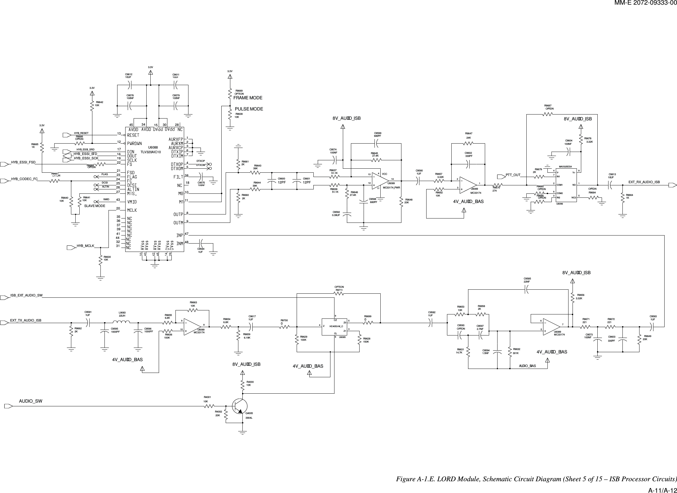 MM-E 2072-09333-00       FRAME MODER964010KSLAVE MODEPULSE MODE22UHL9083100NFC9575C960112PF10KR96632KR96793.3V100NFC96048V_AUDID_ISB274R9670657OPTIONC9593R964339KMC33174U6089R96602K2.7NFC9597R9689OPTIONALTINDTXOPR963114.7KR9632301K3.3VC958522NFR9687OPTION1000PFC95961.5NFC9594C95951000PFC96171UF8V_AUDID_ISB 4V_AUDID_BIAS1UFC9583R96990R400220KC9599680PFR964527.4K27.4KR9646680PFC9598R9666OPTIONOPTIONR9667 FLAGR9711OPTION3.3VDCSIR963751.1K1312144VCC1112PFC9600231MC33174_PWRU6089MC33174U6089 OPTIONR968520KR964924KR9647100NFC95732KR9658R96612K81UFC9584U6089MC3317491010KR9630R964210K313244289812131943471011202735183637394115 30243823222148251716 76543.3VTLV320AIC10U60882631245 34R965210KR96596.19K4V_AUDID_BIAS10KR9641R9636100KR965310K39KR96441UFC9582R9684OPTION51.1KR96386COM2IN17IN23NC251NO8V+4V-2KR9662U6096MAX325ESA2COM1100NF330PFC9602VMIDC9574R9629100KR9700150KR9628HC4053-M_CU6085CL6CZ9Z4Z05Z130R400110K3904LQ4005R965510KR40004V_AUDID_BIAS4V_AUDID_BIAS6.8KC95811UF8V_AUDID_ISB1UFC9580DTXOM10UFC9612330PF8V_AUDID_ISBR9686OPTIONC960320KR9648C95920.39UF1KR966410UFC96113.32KR9657221221R96726.8KR9671R96651KR9654C9579100NF100NFC95783.32KR9656C961310UF10KR9639OPTIONR9669AUDIO_SWISB_EXT_AUDIO_SWR96783.32KHYB_RESETHYB_ESSI_SRDHYB_ESSI_STDHYB_ESSI_SCKHYB_MCLKEXT_TX_AUDIO_ISBHYB_CODEC_FCPTT_OUTEXT_RX_AUDIO_ISBAUDIO_BIASHYB_ESSI_FSD     Figure A-1.E. LORD Module, Schematic Circuit Diagram (Sheet 5 of 15 – ISB Processor Circuits) A-11/A-12 