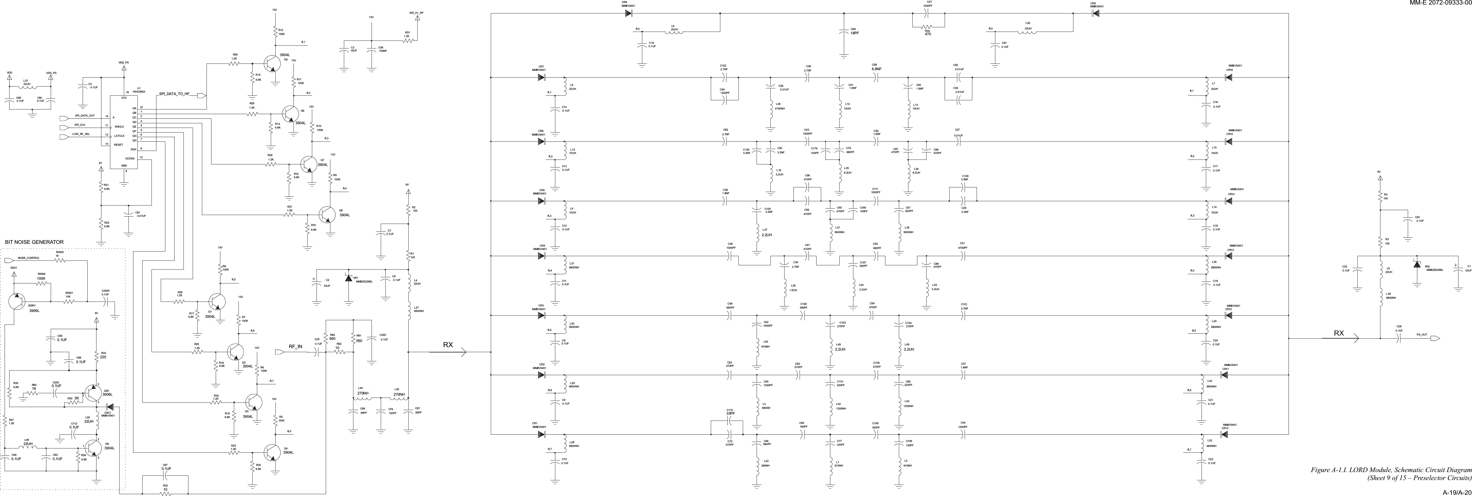 BIT NOISEGENERATORRXCR16MMBV3401RXR11100KC421500PF C260.1UF1000PFC111C40.1UFR371.2KC180.1UFL1010UHC51620PFR7100KC362.7NFC586.8NF9T4700NHL39L5122UHL44270NHC120.1UFC110220PFC72270PFR231.2KC1723904L33PFR1100VDD1Q1R2906100KVDD1.2KR30C56100NF2.7NFC34C1003.3NF6800NHL320.1UFC13C179100PFL1310UH100R2R176.8KR9100KC160100PFC314700PFC471000PFL1410UH9VL50910NH8.2UHL253KR50VR2R291.2K15QA1QB2QC3QD4QE5QF6QG7QH10 RESET11 SHICLK9SQH16VCCMMBZ5226BLU174HC595A14 A8GND12 LATCLK13OUTENC54470PFC160.1UF470PFC99C62270PF3.3UHL16390NHL22C100.1UF0.1UFC300C870.1UF0.01UFC28C1022.7NFC109120PF1.2KR26C29000.1UF5600NHL37CR7MMBV3401C401.8NF18R2903Q29013906L120PFC77C80.1UF470PFC606.8KR183904L0.1UFC11Q7Q53904LMMBV3401CR15560R80L276800NH100KR61200NHL43C293.3NF1200PFC94C910.1UF22UHL7R3100100KR10MMBV34013.3UHL54C50680PFCR101.8NFC380.1UF0.1UFC23MMBV3401C84C220.1UFCR30.1UFC90.1UFC25L522UHL296800NH3.3NFC130180PFC106CR14MMBV3401L268.2UHL46MMBV3401CR4C65180PF22UHR33R6018220C52470PFR290110K0.01UFC930.1UFC17C8818PF470PFC96C461000PFR136.8KR311.2K10UHL15C850.1UFL472.2UH3904LL5222UH270PFVDD_PSQ6C1046800NHL31L366800NHMMBV3401CR86.8KR20C920.01UF22UHL4R156.8KL421200NHR251.2K2.7NFC820.1UFC15C140.1UF0.1UFC21MMBV3401CR6680NHL30.1UFC8368PFC67R3210910NHL1910NHL20.1UFC896.8KR361.8NFC3710UHL12L385600NHR216.8KR82109V680PFC49C441200PFC61470PFC270.01UFL482.2UHC97470PF0.01UFC81C48680PF0.1UFC1126800NHQ23904LL356.8KR350.1UFC86C431500PFR344706.8KR162.7NFC1013904L270NHL45Q8CR17MMBV3401270PFC105390PFC107R81560C108390PFC200.1UFVDD_PS1.2KR24R271.2K0.1UFC7680PFC79100KR126.8KR1422UHL63.3NFC129L20C133UF1.5UHC60.1UFL533.3UH6800NHL33C900.1UFL346800NHC315UFL286800NH33UFC2MMBV3401CR13132CR11MMBV3401MMBV34013906LQ30MMBV3401CR1CR2L499VC303.3NF2.2UHC95470PFMMBZ5226BLMMBV3401CR123904LVR1R196.8KQ4C240.1UF270PFC103SW_A+_RF6800NHL30C391.8NF1.8NFC416.8KR220.1UFC19Q33904LC98470PFMMBV3401CR9C78120PF220PFC80C451000PFC6668PF10UHL9C2000.1UFR5100KQ913222UHL553904L100KR81.2KR2822UHL8CR5MMBV3401NOISE_CONTROL100R4PS_OUTFL013VFL1FL0FL5LOW_RF_SELSPI_CLKSPI_DATA_OUTSPI_DATA_TO_HFRF_INFL213V13VFL013VFL7FL113VFL5FL4FL3FL2FL1FL7FL613V13VFL613VFL5FL7FL6FL4FL3FL2FL413VFL3A-19/A-20MM-E2072-09333-00Figure A-1.I.LORDModule,SchematicCircuitDiagram(Sheet9of15–PreselectorCircuits)