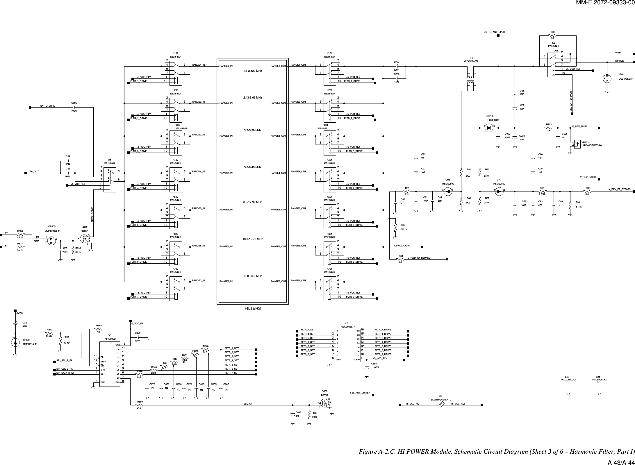 MM-E 2072-09333-00   DCOMGNDI1I2I3I4I5I6I7O1O2O3O4O5O6O7DSG-+-+-+-+-+-+-+-+OEMRVCCSTCPSHCPQ7SQ7Q6Q5Q4Q3Q2Q1Q0GNDDS-+-+DSG-+-++-+-+-+-+RANGE1_INRANGE2_INRANGE3_INRANGE4_INRANGE5_INRANGE6_INRANGE7_INRANGE5_OUTRANGE1_OUTRANGE2_OUTRANGE3_OUTRANGE4_OUTRANGE6_OUTRANGE7_OUTFILTERS+-1.6-2.429 MHz2.43-3.69 MHz3.7-5.59 MHz5.6-8.49 MHz8.5-12.99 MHz13.0-19.79 MHz19.8-30.0 MHzR360.0WHIPDC_TO_ANT_CPLRDIPOLE12LM4040CEM3X-5.0VR803211079483EB2-5-NUK301384971012K201EB2-5-NU384971012K302EB2-5-NU384971012EB2-5-NUK202C3247UR8724.924.9R8621E19CG2470LSTR384971012K2EB2-5-NULABSEL_ANT132CR805MMBD6100LT1+5_VCC_FIL1E23PAD_DRILLXX+5_VCC_RLY+5_VCC_RLY+5_VCC_RLY+5_VCC_RLY+5_VCC_RLY+5_VCC_RLY+5_VCC_RLY+5_VCC_RLY+5_VCC_RLY+5_VCC_RLY+5_VCC_RLY+5_VCC_RLY+5_VCC_RLY+5_VCC_RLY+5_VCC_RLY+5_VCC_RLY+5_VCC_RLY+5_VCC_RLYE6BLM31PG601SN1LFLTR_4_DRIVEFLTR_4_SETFLTR_1_SET FLTR_1_DRIVEFLTR_2_SETC875100NC707100NPA_OUTFLTR_3_DRIVEFLTR_5_DRIVEFLTR_7_DRIVEFLTR_7_SETFLTR_5_SETFLTR_3_SETFLTR_3_SETFLTR_2_SETFLTR_1_SETFLTR_7_SETFLTR_6_SETFLTR_5_SET10PC77R865100KR85024.3+5_VCC_FIL180PC82C78180PC8447P1NC8847PC83C902100P211079483EB2-5-NUK7011 3CR806MMBD914LT11KR848100NC2310PC90310PC74C85110NR8124.9 24.9R821 3CR810HSMS2800BITETX312Q805BST82V_REV_TUNEV_REV_PA_BYPASS1NC886C8721N24.3R849FLTR_7_DRIVEBIT9T1.21KR836TX/RX_DRIVE1234T420721300700C7210P10PC75C6610PC6510P384971012K1EB2-5-NU1.21KR830.0R91R920.0C9061NR92310KFLTR_6_DRIVEFLTR_5_DRIVEFLTR_4_DRIVEFLTR_3_DRIVEFLTR_2_DRIVEFLTR_1_DRIVEC871N211079483EB2-5-NUK10113CR6HSMS2800C70810NR84424.3KR84218.2KSPI_CLK_2_PASPI_DATA_2_PA13101612119765432115814U474HC595DC8671N1NC855C8661N1NC870C8681N1NC85824.3R84624.3R83924.3R841R84324.3R84524.3384971012K601EB2-5-NU211079483EB2-5-NUK501384971012K401EB2-5-NUR84024.3SPI_SEL_2_PA384971012EB2-5-NUK602384971012K502EB2-5-NU384971012EB2-5-NUK402384971012K102EB2-5-NU384971012K702EB2-5-NU312Q801BST82R83551.1K10NC22R851.21KFLTR_1_DRIVEFLTR_2_DRIVEFLTR_3_DRIVEFLTR_4_DRIVEFLTR_5_DRIVEFLTR_6_DRIVEFLTR_7_DRIVE31HSMS2800CR7R8371.21KV_FWD_PA_BYPASSSEL_ANT_DRIVER51.1KR89V_FWD_RADIOV_REV_RADIO51.1KR90SEL_ANT_DRIVER98123456716151413121110U3ULQ2003LTRC856100NC905100NRX_TO_LORDFLTR_2_DRIVEFLTR_6_DRIVEFLTR_6_SET1PAD_DRILLXXE24RANGE1_OUTRANGE2_OUTRANGE3_OUTRANGE4_OUTRANGE5_OUTRANGE6_OUTRANGE7_OUTRANGE7_INRANGE6_INRANGE5_INRANGE4_INRANGE3_INRANGE2_INRANGE1_INFLTR_4_SET+8VDC   Figure  A-2.C. HI POWER Module, Schematic Circuit Diagram (Sheet 3 of 6 – Harmonic Filter, Part I) A-43/A-44 