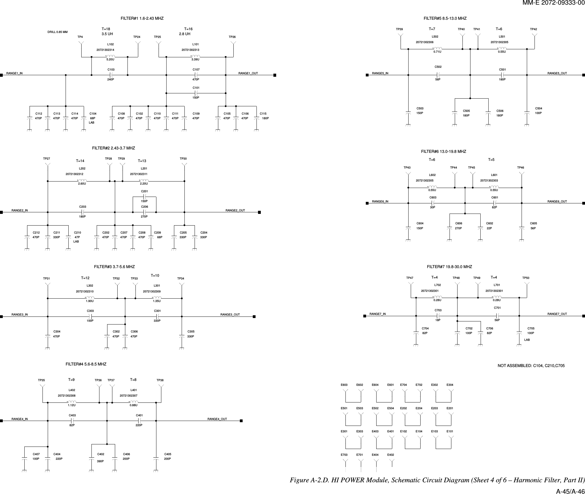 MM-E 2072-09333-00 NOT ASSEMBLED: C104, C210,C7051E6031E2011E3041E1031E6021E6011E6041E5021E5041E5031E5011E7031E7011E4021E4041E4031E4011E3031E3011E1021E1041E1011E2021E2041E2031E3021E7021E704DRILL 0.85 MMFILTER#1 1.6-2.43 MHZ3.5 UH 2.8 UHT=18 T=161TP41TP26C101150PC10468PLABL1013.39U20721302313L1025.20U20721302314470PC112470PC107470PC114470PC102470PC108470PC113470PC110470PC105470PC106470PC111 C109470PC115180PC103240PRANGE1_OUTRANGE1_IN1TP241TP25FILTER#2 2.43-3.7 MHZT=14 T=13330PC204C205330P330PC211 C21047PLABC206270P470PC208L2012.20U20721302311L2022.60U20721302312470PC202470PC207470PC212C201150PC20968PC203180P1TP271TP281TP291TP30RANGE2_IN RANGE2_OUTFILTER#3 3.7-5.6 MHZT=12 T=10C303100P330PC305330PC301C306470P470PC302L3011.35U20721302309L3021.90U20721302310470PC3041TP311TP321TP331TP34RANGE3_IN RANGE3_OUTFILTER#4 5.6-8.5 MHZT=9 T=81TP371TP36200PC406 C405200PC40382P100PC407L4010.88U20721302307L4021.12U20721302308C404220PC402390PC401220P1TP351TP38RANGE4_IN RANGE4_OUTFILTER#5 8.5-13.0 MHZT=7 T=61TP411TP40C504100P1TP39150PC503180PC501C506180P180PC505C50256PL5010.55U20721302305L5020.71U207213023061TP42RANGE5_IN RANGE5_OUTFILTER#6 13.0-19.8 MHZT=6 T=51TP431TP44C60556PC60182PC60330PC604150P 22PC602270PC606L6010.55U20721302303L6020.55U207213023051TP451TP46RANGE6_IN RANGE6_OUTFILTER#7 19.8-30.0 MHZT=4 T=4207213023010.28UL702 L7010.28U20721302301C705100PLAB100PC702 C70682P82PC704C70318PC70156P1TP471TP481TP491TP50RANGE7_IN RANGE7_OUT Figure  A-2.D. HI POWER Module, Schematic Circuit Diagram (Sheet 4 of 6 – Harmonic Filter, Part II) A-45/A-46 