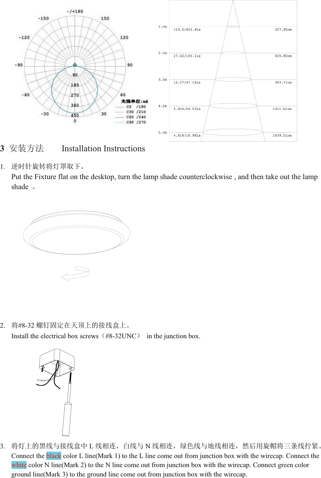 3ᆹ㻵ᯩ⌅ Installation Instructions 1. 䘶ᰦ䪸᯻䖜ሶ⚟㖙ਆлǄPut the Fixture flat on the desktop, turn the lamp shade counterclockwise , and then take out the lamp shade Ǆ2. ሶ#8-32 㷪䪹പᇊ൘ཙ亦кⲴ᧕㓯ⴂкǄInstall the electrical box screws˄#8-32UNC˅  in the junction box. 3. ሶ⚟кⲴ唁㓯о᧕㓯ⴂѝ L㓯⴨䘎ˈⲭ㓯о N㓯⴨䘎ˈ㔯㢢㓯оൠ㓯⴨䘎ˈ❦ਾ⭘᯻ᑭሶйᶑ㓯ᤗ㍗ǄConnect the black color L line(Mark 1) to the L line come out from junction box with the wirecap. Connect thewhite color N line(Mark 2) to the N line come out from junction box with the wirecap. Connect green color ground line(Mark 3) to the ground line come out from junction box with the wirecap.   