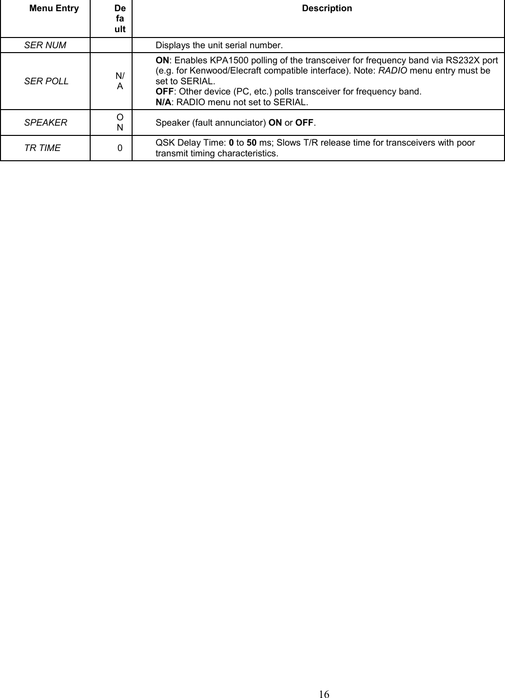 Menu Entry DefaultDescriptionSER NUM Displays the unit serial number.SER POLL N/AON: Enables KPA1500 polling of the transceiver for frequency band via RS232X port(e.g. for Kenwood/Elecraft compatible interface). Note: RADIO menu entry must be set to SERIAL. OFF: Other device (PC, etc.) polls transceiver for frequency band. N/A: RADIO menu not set to SERIAL. SPEAKER ONSpeaker (fault annunciator) ON or OFF.TR TIME 0QSK Delay Time: 0 to 50 ms; Slows T/R release time for transceivers with poor transmit timing characteristics.                      16