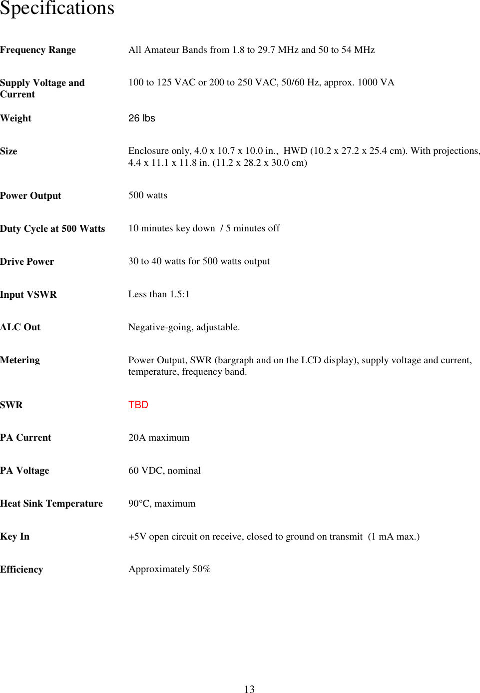                           13  Specifications  Frequency Range All Amateur Bands from 1.8 to 29.7 MHz and 50 to 54 MHz  Supply Voltage and Current  100 to 125 VAC or 200 to 250 VAC, 50/60 Hz, approx. 1000 VA Weight  26 lbs Size Enclosure only, 4.0 x 10.7 x 10.0 in.,  HWD (10.2 x 27.2 x 25.4 cm). With projections, 4.4 x 11.1 x 11.8 in. (11.2 x 28.2 x 30.0 cm) Power Output  500 watts Duty Cycle at 500 Watts  10 minutes key down  / 5 minutes off Drive Power  30 to 40 watts for 500 watts output Input VSWR  Less than 1.5:1 ALC Out  Negative-going, adjustable. Metering  Power Output, SWR (bargraph and on the LCD display), supply voltage and current, temperature, frequency band.  SWR  TBD PA Current  20A maximum PA Voltage  60 VDC, nominal Heat Sink Temperature  90°C, maximum Key In  +5V open circuit on receive, closed to ground on transmit  (1 mA max.) Efficiency  Approximately 50% 