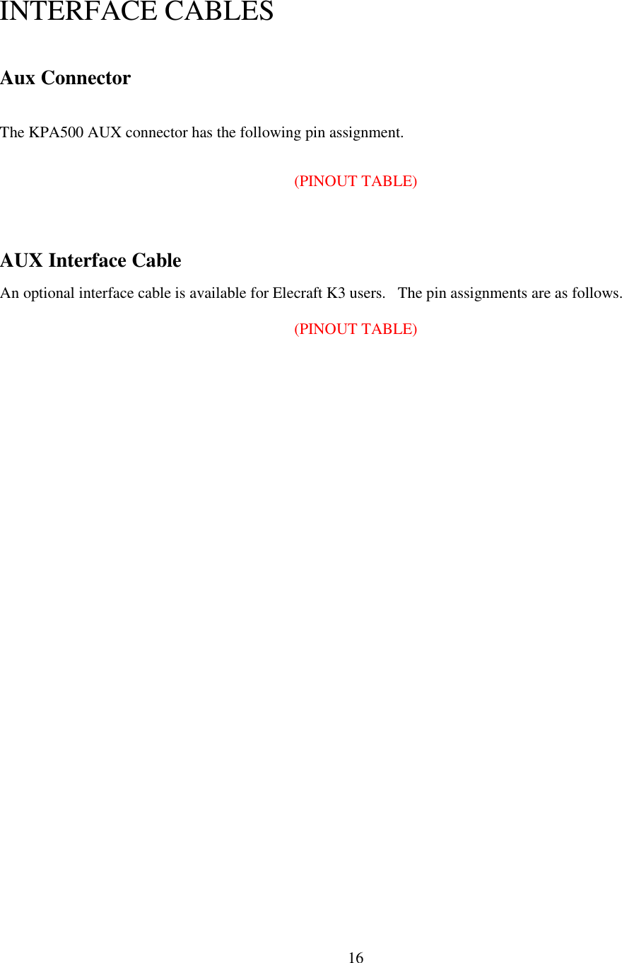     16 INTERFACE CABLES Aux Connector The KPA500 AUX connector has the following pin assignment.  (PINOUT TABLE)   AUX Interface Cable An optional interface cable is available for Elecraft K3 users.   The pin assignments are as follows.   (PINOUT TABLE)  