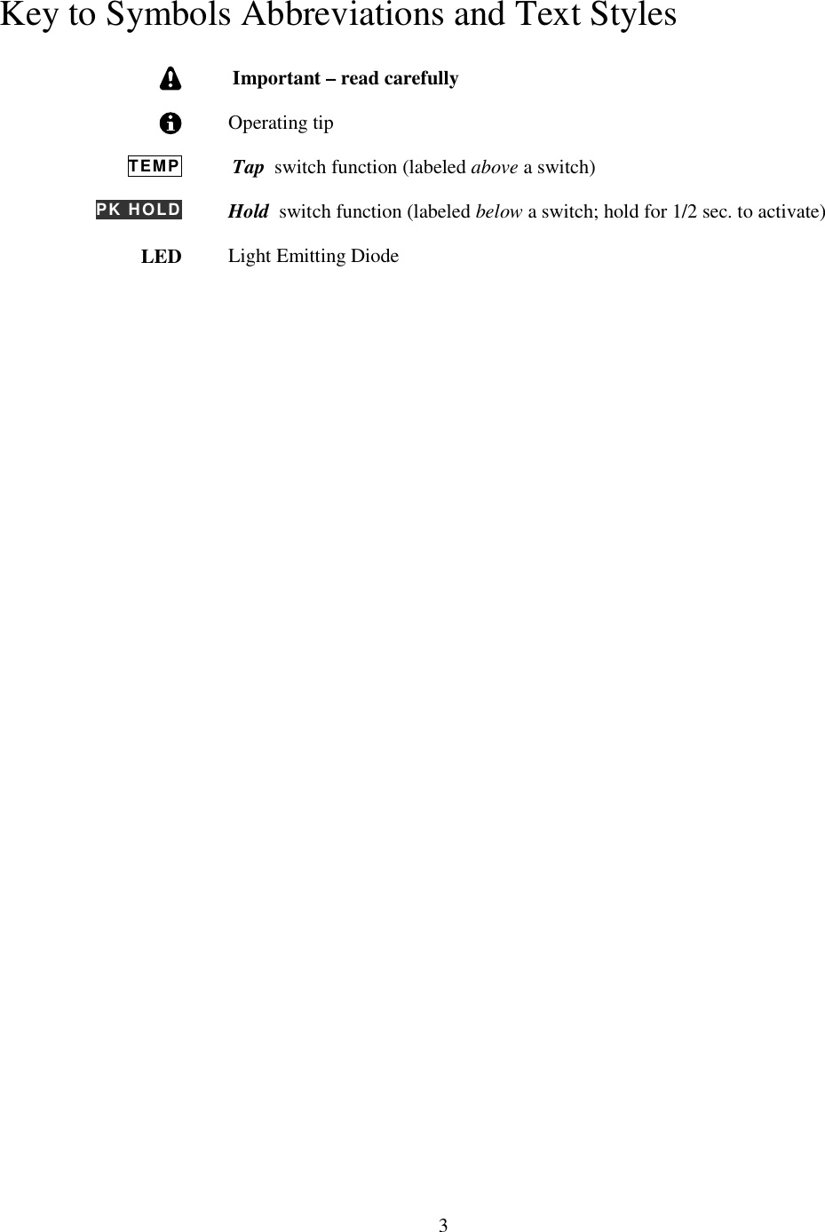                           3  Key to Symbols Abbreviations and Text Styles    Important – read carefully    Operating tip TEMP  Tap  switch function (labeled above a switch) PK HOLD  Hold  switch function (labeled below a switch; hold for 1/2 sec. to activate) LED   Light Emitting Diode                  
