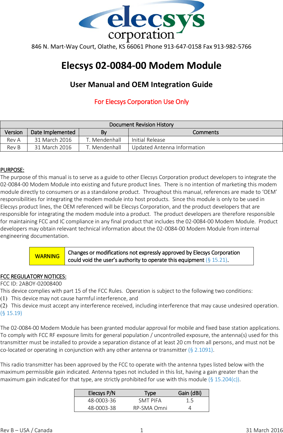 Elecsys 02008400 802.15.4 Modem Module User Manual