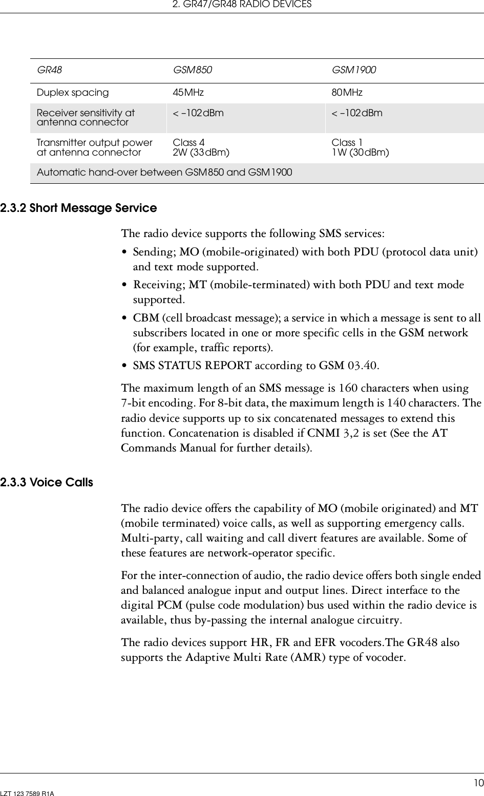 2. GR47/GR48 RADIO DEVICES10LZT 123 7589 R1A2.3.2 Short Message ServiceThe radio device supports the following SMS services:• Sending; MO (mobile-originated) with both PDU (protocol data unit) and text mode supported.• Receiving; MT (mobile-terminated) with both PDU and text mode supported.• CBM (cell broadcast message); a service in which a message is sent to all subscribers located in one or more specific cells in the GSM network (for example, traffic reports).• SMS STATUS REPORT according to GSM 03.40.The maximum length of an SMS message is 160 characters when using  7-bit encoding. For 8-bit data, the maximum length is 140 characters. The radio device supports up to six concatenated messages to extend this function. Concatenation is disabled if CNMI 3,2 is set (See the AT Commands Manual for further details).2.3.3 Voice CallsThe radio device offers the capability of MO (mobile originated) and MT (mobile terminated) voice calls, as well as supporting emergency calls. Multi-party, call waiting and call divert features are available. Some of these features are network-operator specific.For the inter-connection of audio, the radio device offers both single ended and balanced analogue input and output lines. Direct interface to the digital PCM (pulse code modulation) bus used within the radio device is available, thus by-passing the internal analogue circuitry.The radio devices support HR, FR and EFR vocoders.The GR48 also supports the Adaptive Multi Rate (AMR) type of vocoder.Duplex  spacing 45 MHz 80 MHzReceiver sensitivity at antenna connector&lt; –102 dBm &lt; –102 dBmTransmitter output power at antenna connectorClass 42W (33 dBm)Class 11 W  (30 dBm)Automatic hand-over between GSM 850 and GSM 1900 GR48 GSM 850 GSM 1900