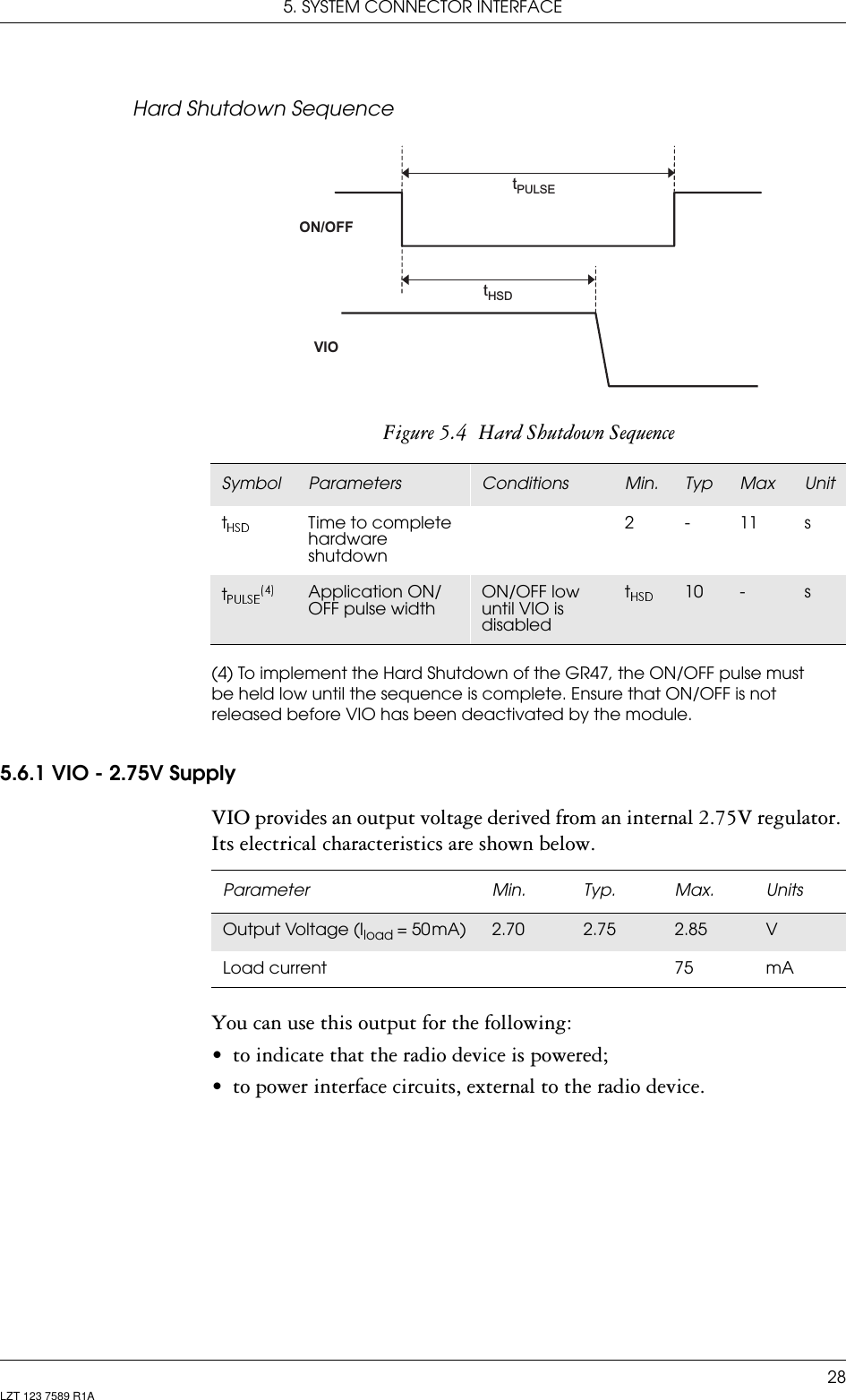 5. SYSTEM CONNECTOR INTERFACE28LZT 123 7589 R1AHard Shutdown SequenceFigure 5.4  Hard Shutdown Sequence(4) To implement the Hard Shutdown of the GR47, the ON/OFF pulse must be held low until the sequence is complete. Ensure that ON/OFF is not released before VIO has been deactivated by the module.5.6.1 VIO - 2.75V SupplyVIO provides an output voltage derived from an internal 2.75V regulator. Its electrical characteristics are shown below.You can use this output for the following:• to indicate that the radio device is powered;• to power interface circuits, external to the radio device.ON/OFFVIOtHSDtPULSESymbol Parameters Conditions Min. Typ Max UnittTime to complete hardware shutdown2-11stApplication ON/OFF pulse widthON/OFF low until VIO is disabledt10 - sParameter Min. Typ. Max. UnitsOutput Voltage (Iload = 50 mA) 2.70 2.75 2.85 VLoad current 75 mA