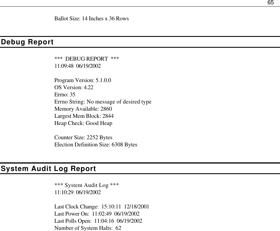     65  Ballot Size: 14 Inches x 36 Rows   Debug Report  ***  DEBUG REPORT  *** 11:09:48  06/19/2002  Program Version: 5.1.0.0 OS Version: 4.22 Errno: 35 Errno String: No message of desired type Memory Available: 2860 Largest Mem Block: 2844 Heap Check: Good Heap  Counter Size: 2252 Bytes Election Definition Size: 6308 Bytes  System Audit Log Report  *** System Audit Log *** 11:10:29  06/19/2002  Last Clock Change:  15:10:11  12/18/2001 Last Power On:  11:02:49  06/19/2002 Last Polls Open:  11:04:16  06/19/2002 Number of System Halts:  62                         