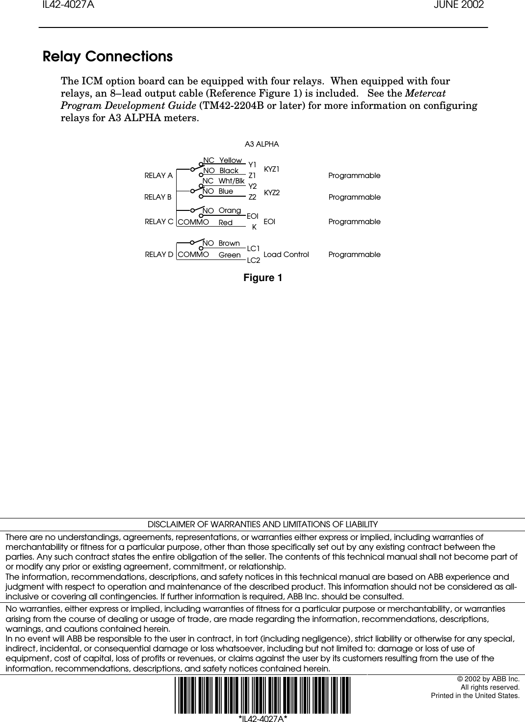 IL42-4027A JUNE 2002DISCLAIMER OF WARRANTIES AND LIMITATIONS OF LIABILITYThere are no understandings, agreements, representations, or warranties either express or implied, including warranties ofmerchantability or fitness for a particular purpose, other than those specifically set out by any existing contract between theparties. Any such contract states the entire obligation of the seller. The contents of this technical manual shall not become part ofor modify any prior or existing agreement, commitment, or relationship.The information, recommendations, descriptions, and safety notices in this technical manual are based on ABB experience andjudgment with respect to operation and maintenance of the described product. This information should not be considered as all-inclusive or covering all contingencies. If further information is required, ABB Inc. should be consulted.No warranties, either express or implied, including warranties of fitness for a particular purpose or merchantability, or warrantiesarising from the course of dealing or usage of trade, are made regarding the information, recommendations, descriptions,warnings, and cautions contained herein.In no event will ABB be responsible to the user in contract, in tort (including negligence), strict liability or otherwise for any special,indirect, incidental, or consequential damage or loss whatsoever, including but not limited to: damage or loss of use ofequipment, cost of capital, loss of profits or revenues, or claims against the user by its customers resulting from the use of theinformation, recommendations, descriptions, and safety notices contained herein. *IL42-4027A*© 2002 by ABB Inc.All rights reserved.Printed in the United States.Relay ConnectionsThe ICM option board can be equipped with four relays.  When equipped with fourrelays, an 8–lead output cable (Reference Figure 1) is included.   See the MetercatProgram Development Guide (TM42-2204B or later) for more information on configuringrelays for A3 ALPHA meters.COMMONGreenNO BrownCOMMONRedNO OrangeNO BlueNC Wht/BlkNO BlackNC YellowLC1LC2KYZ1KYZ2EOILoad ControlRELAY ARELAY BRELAY CRELAY DA3 ALPHAProgrammableProgrammableProgrammableProgrammableY1Z1Y2Z2EOIKFigure 1