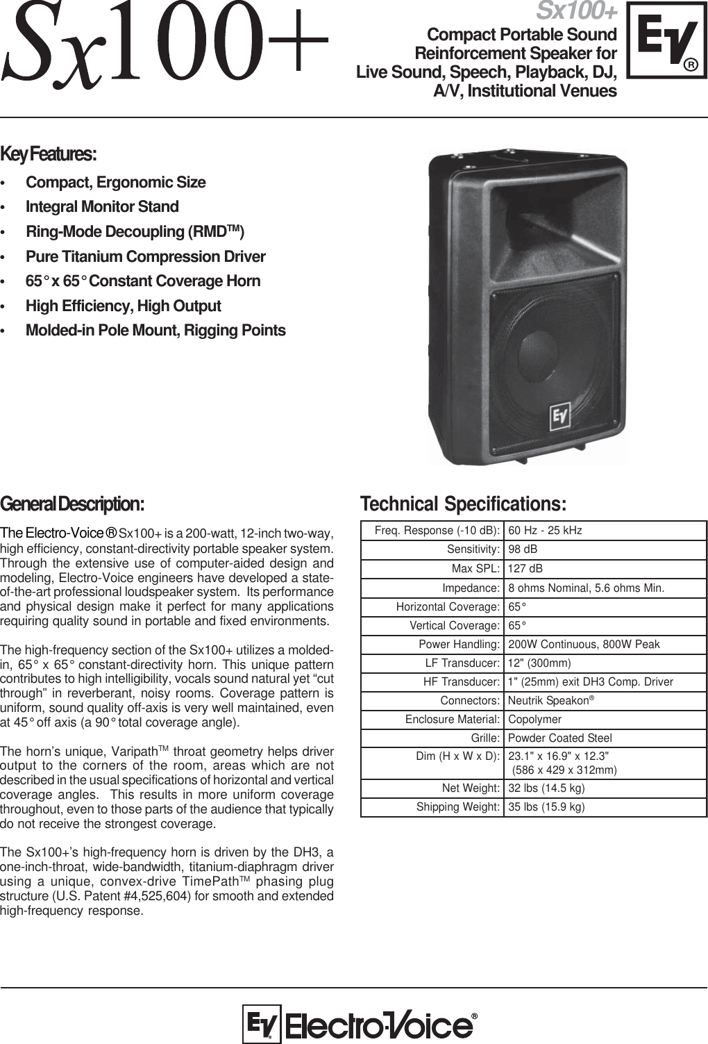 Page 1 of 2 - Electro-Voice Electro-Voice-Compact-Portable-Sound-Reinforcement-Speaker-Sx100-Users-Manual- Sx250-EDS-11_26  Electro-voice-compact-portable-sound-reinforcement-speaker-sx100-users-manual