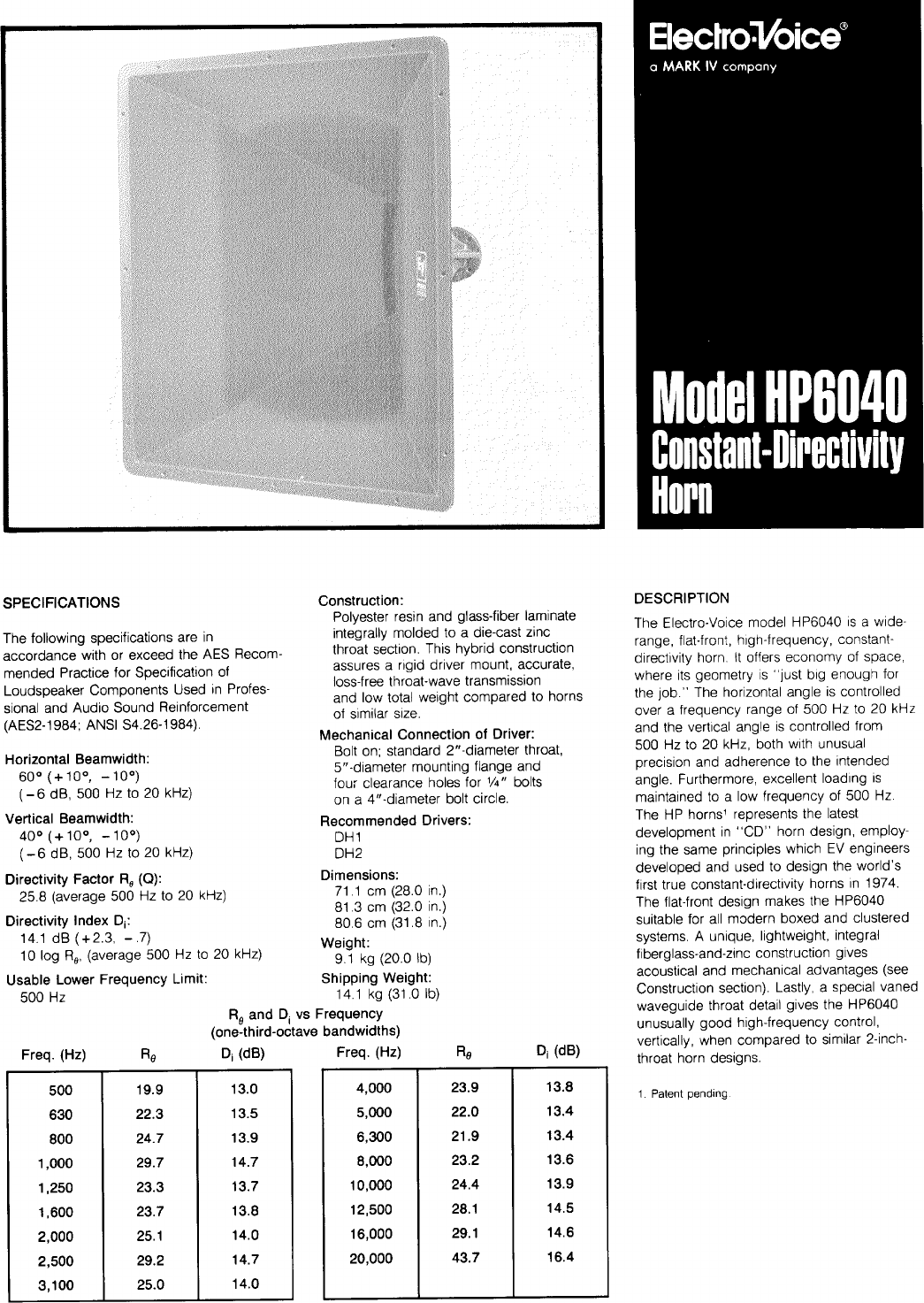 Page 1 of 4 - Electro-Voice Electro-Voice-Constant-Directivity-Horn-Hp6040-Users-Manual- Electro-voice-constant-directivity-horn-hp6040-users-manual