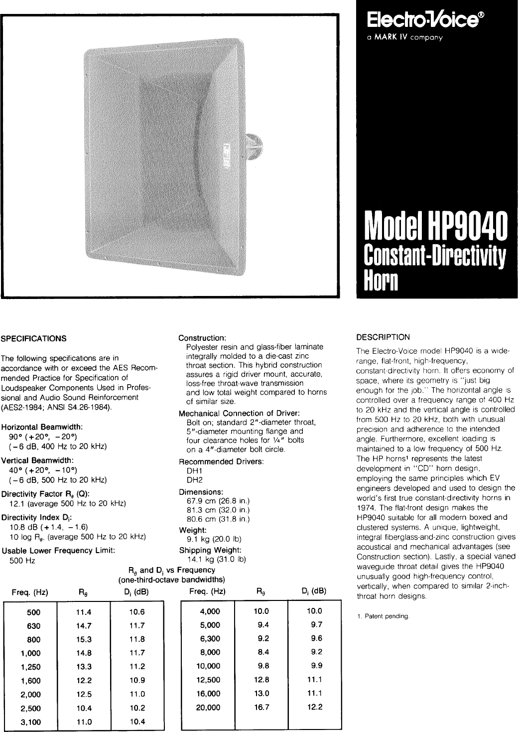 Page 1 of 4 - Electro-Voice Electro-Voice-Constant-Directivity-Horn-Hp9040-Users-Manual-  Electro-voice-constant-directivity-horn-hp9040-users-manual