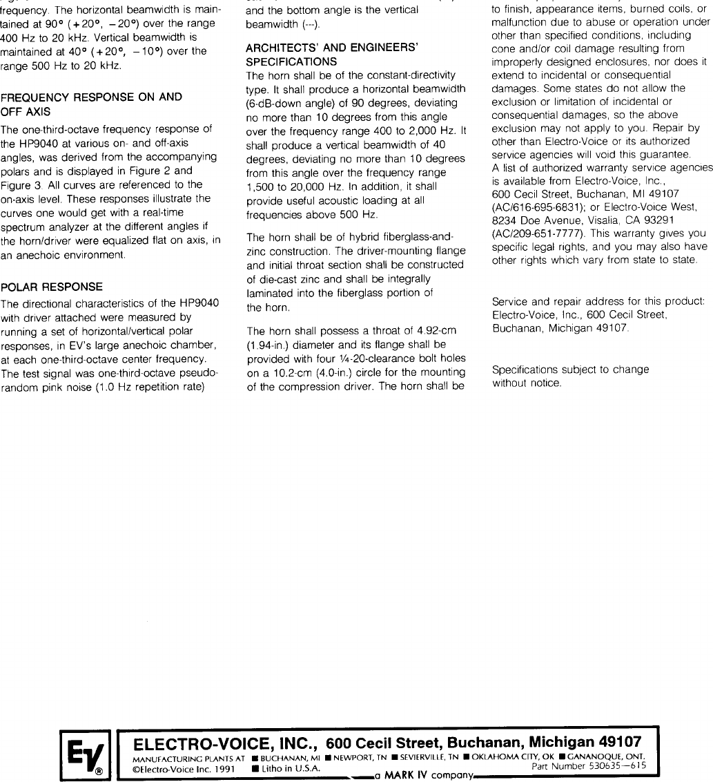 Page 4 of 4 - Electro-Voice Electro-Voice-Constant-Directivity-Horn-Hp9040-Users-Manual-  Electro-voice-constant-directivity-horn-hp9040-users-manual