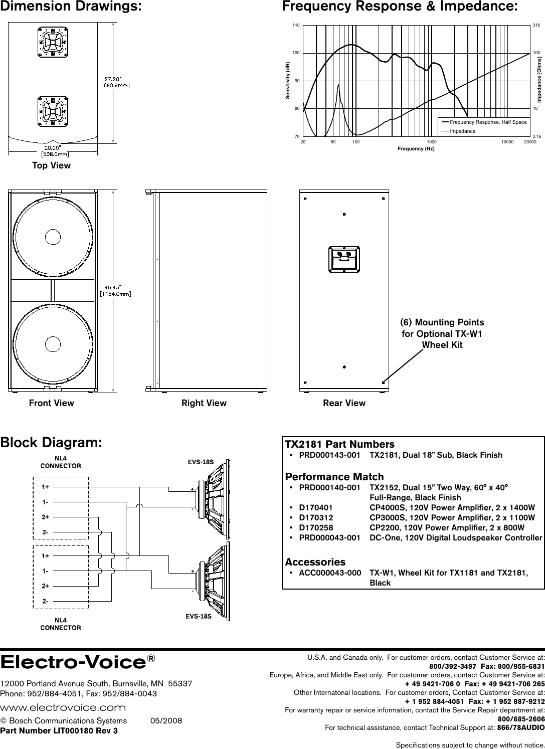 Electro Voice Dual 18 Direct Radiating Subwoofer Tx2181 Users Manual