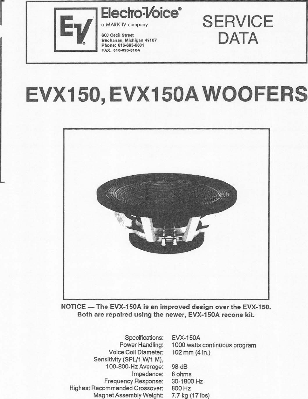 Page 1 of 4 - Electro-Voice Electro-Voice-Evx150-Users-Manual- EVX-150 & 150A Service  Electro-voice-evx150-users-manual