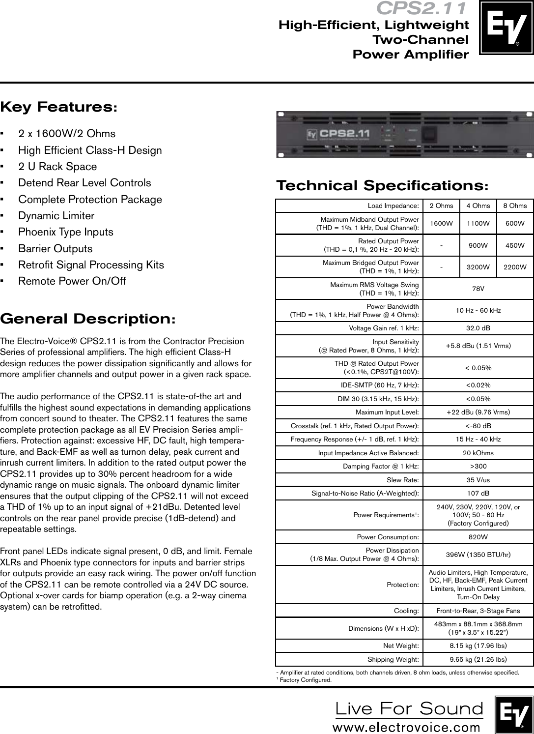 Page 1 of 2 - Electro-Voice Electro-Voice-High-Efficientlightweight-Two-Channel-Power-Amplifier-Cps2-11-Users-Manual-  Electro-voice-high-efficientlightweight-two-channel-power-amplifier-cps2-11-users-manual