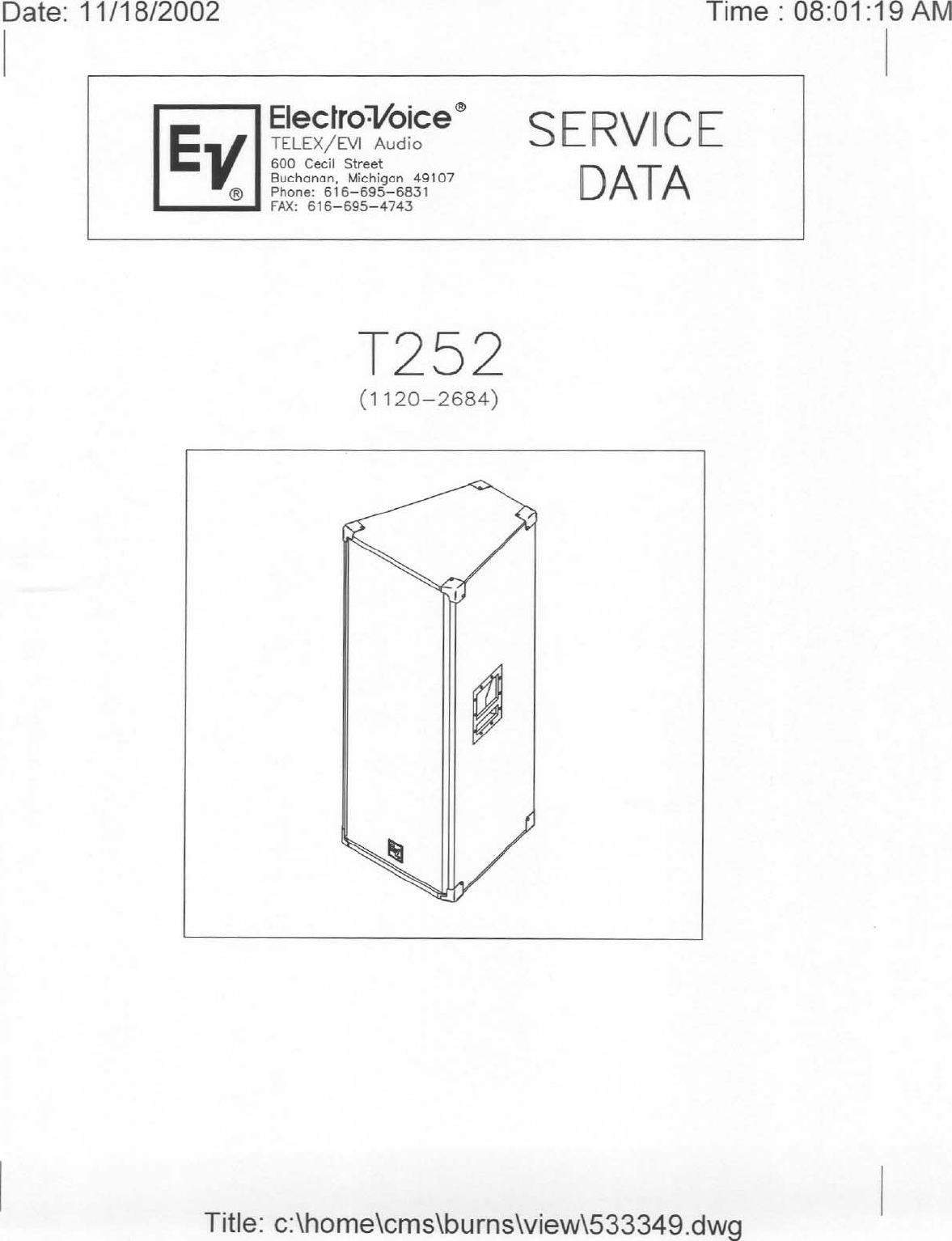 Page 1 of 4 - Electro-Voice Electro-Voice-T252-Users-Manual- T252 Service  Electro-voice-t252-users-manual