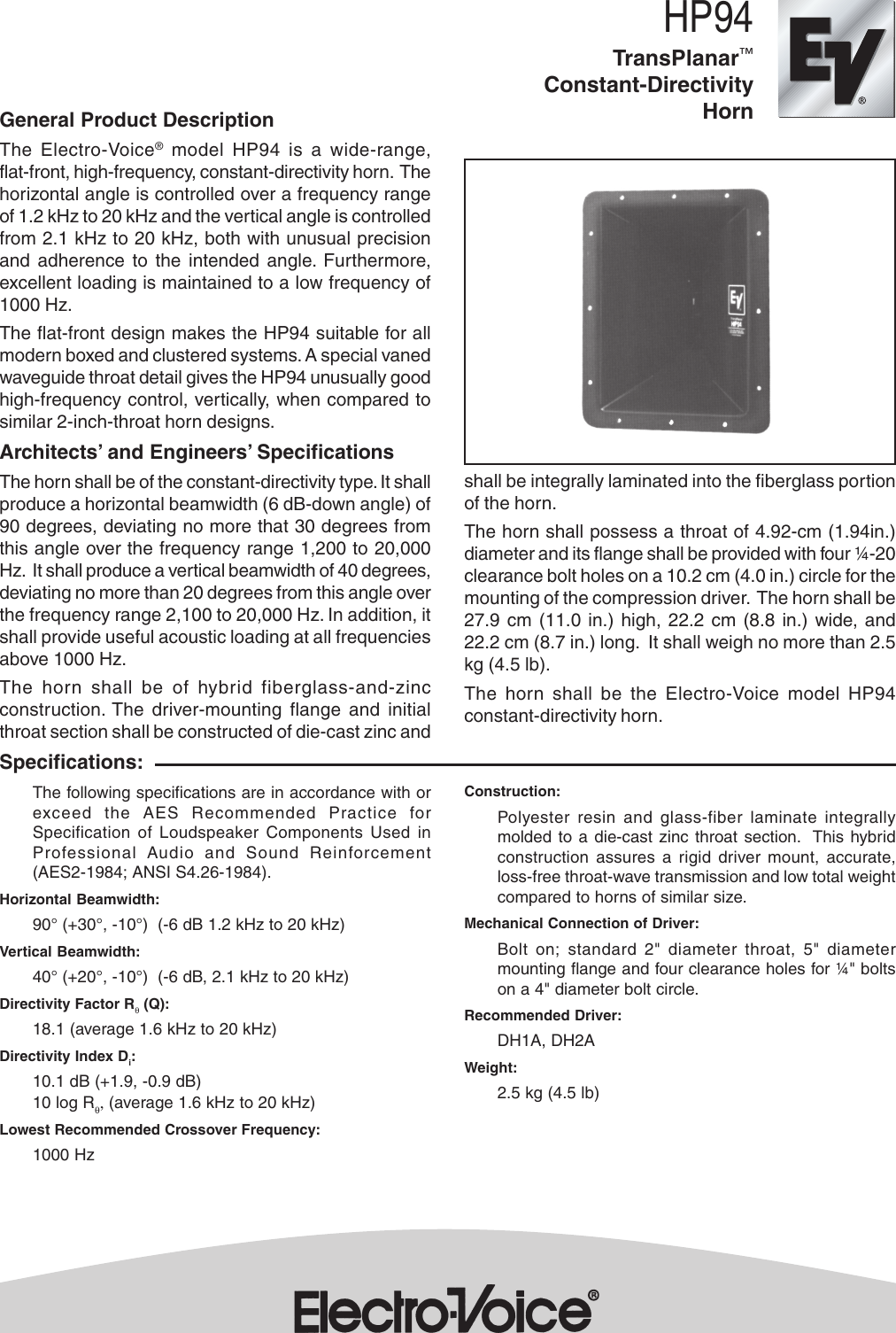 Page 1 of 2 - Electro-Voice Electro-Voice-Transplanar-Constant-Directivity-Horn-Hp94-Users-Manual- HP94.p65  Electro-voice-transplanar-constant-directivity-horn-hp94-users-manual