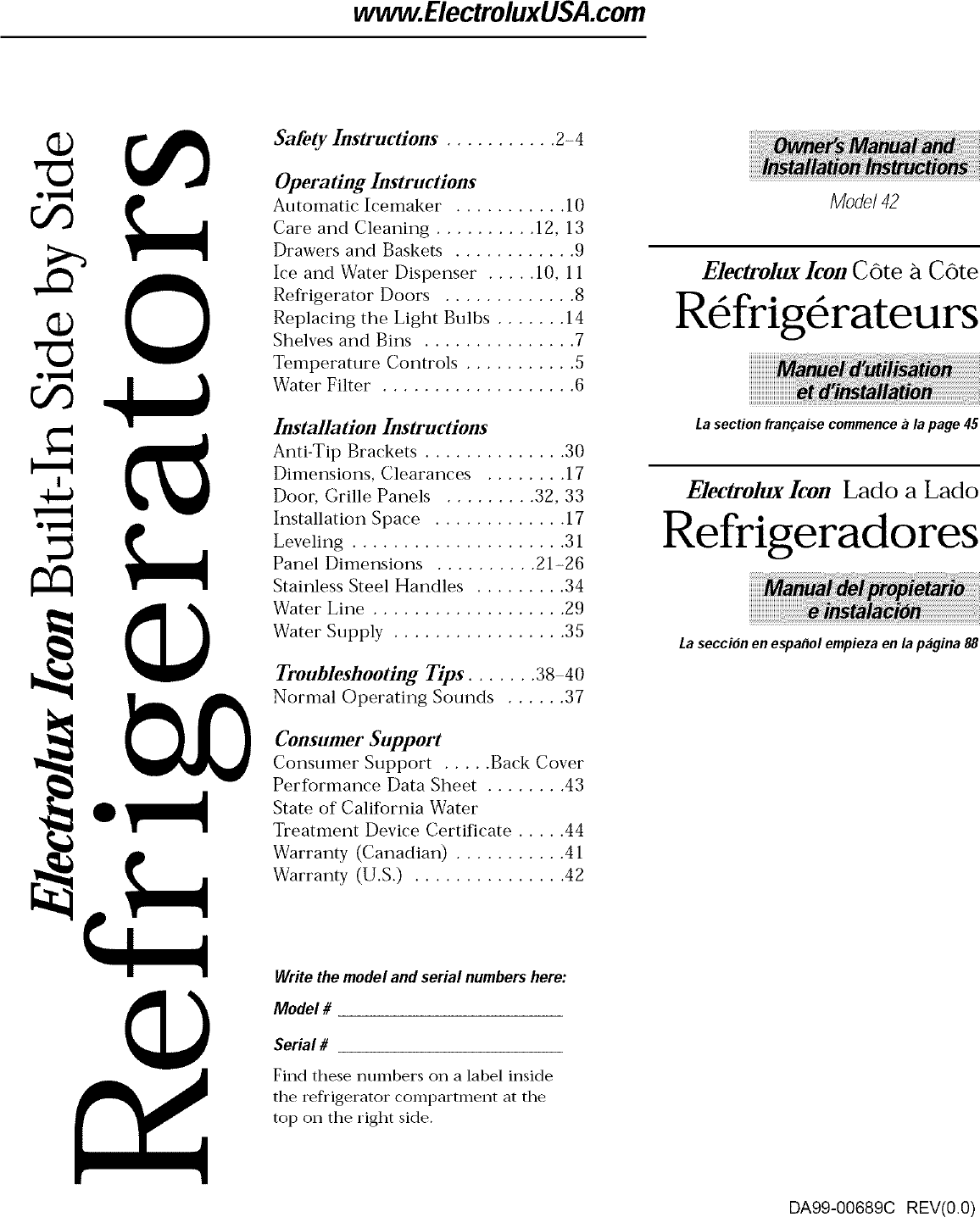 Electrolux E42BS75EPS User Manual REFRIGERATOR Manuals And Guides L0520994