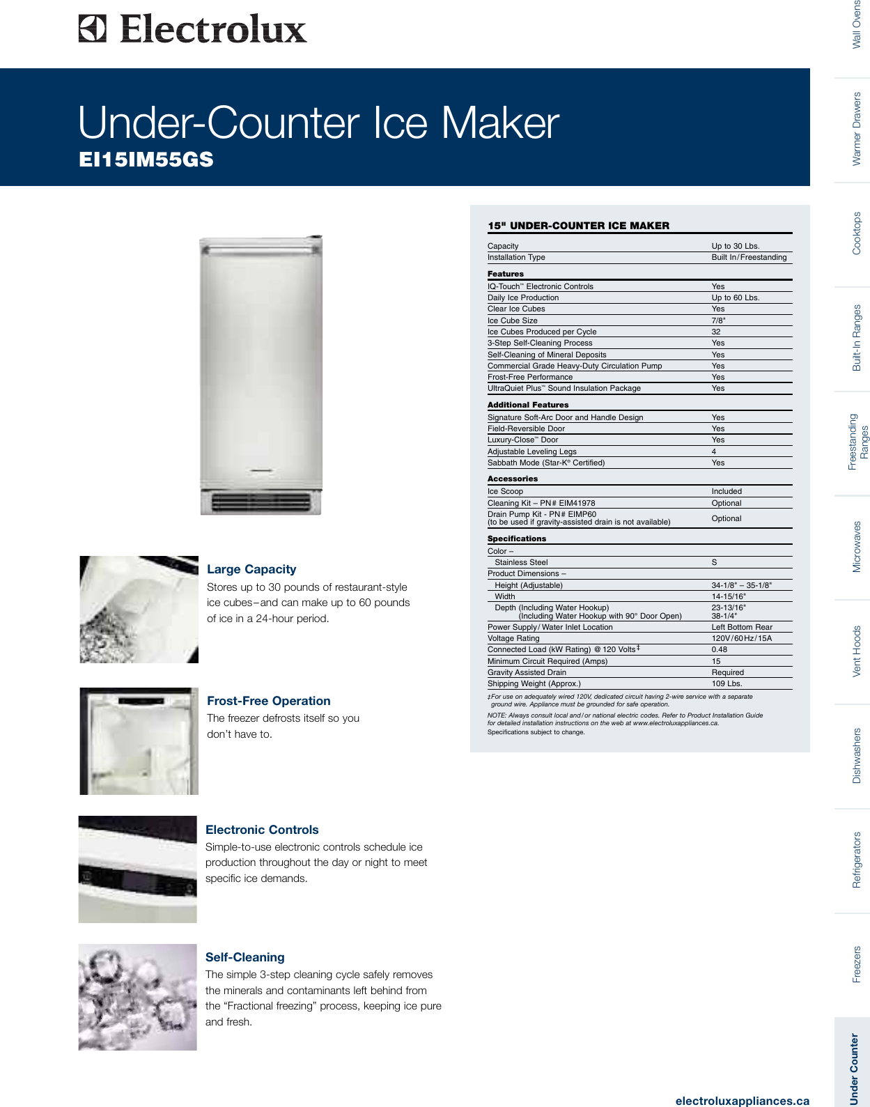 Page 1 of 2 - Electrolux Electrolux-15-Under-Counter-Ice-Maker-Ei15Im55Gs-Product-Specifications-Sheet-  Electrolux-15-under-counter-ice-maker-ei15im55gs-product-specifications-sheet