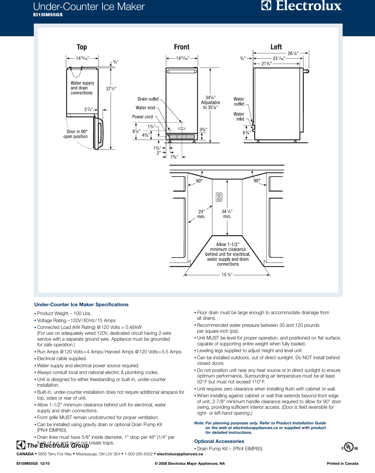 Page 2 of 2 - Electrolux Electrolux-15-Under-Counter-Ice-Maker-Ei15Im55Gs-Product-Specifications-Sheet-  Electrolux-15-under-counter-ice-maker-ei15im55gs-product-specifications-sheet