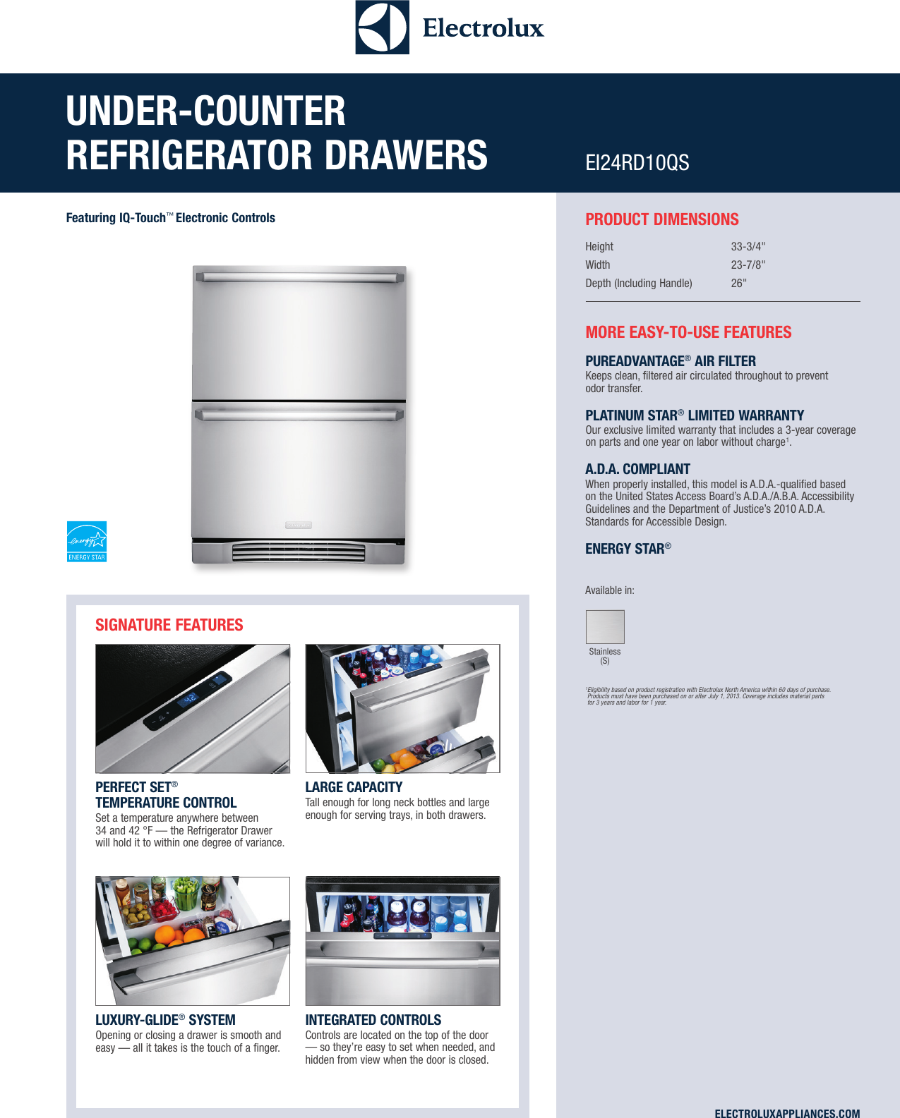 Page 1 of 6 - Electrolux Electrolux-24-Refrigerator-Drawers-Ei24Rd10Qs-Product-Specifications-Sheet-  Electrolux-24-refrigerator-drawers-ei24rd10qs-product-specifications-sheet