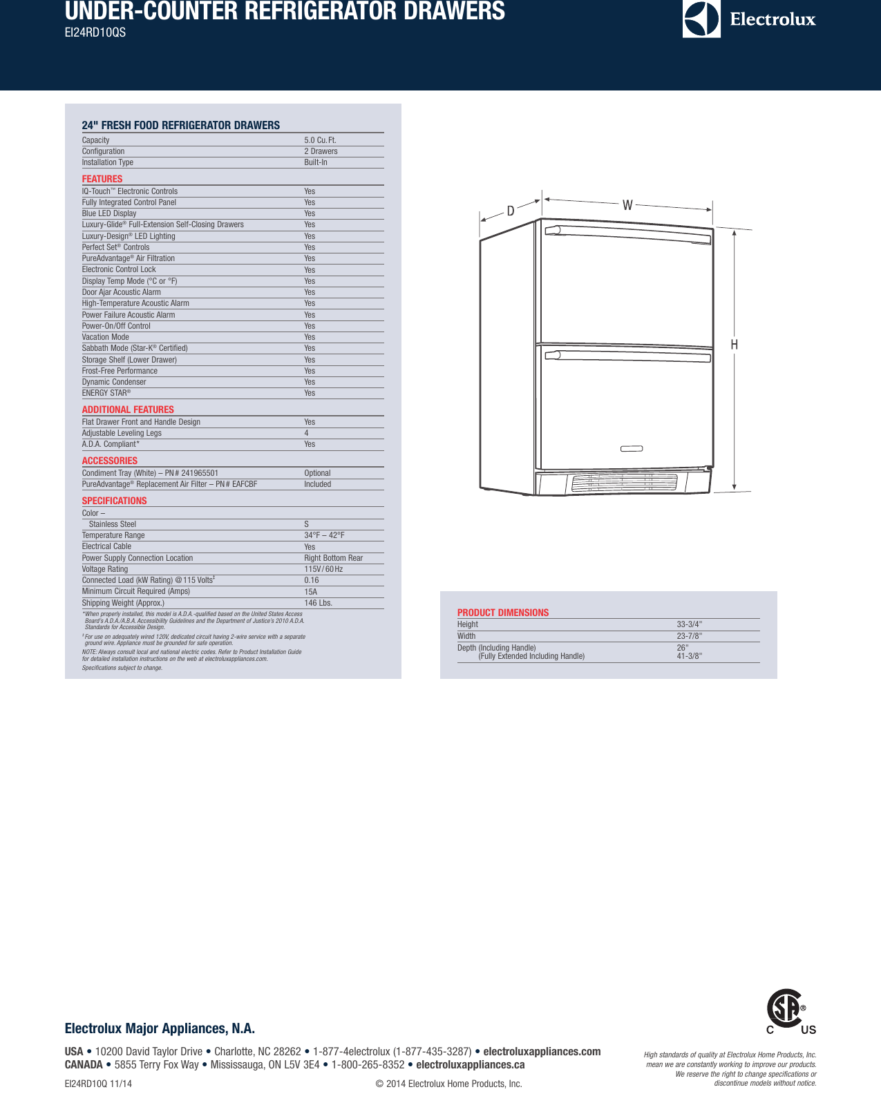 Page 2 of 6 - Electrolux Electrolux-24-Refrigerator-Drawers-Ei24Rd10Qs-Product-Specifications-Sheet-  Electrolux-24-refrigerator-drawers-ei24rd10qs-product-specifications-sheet