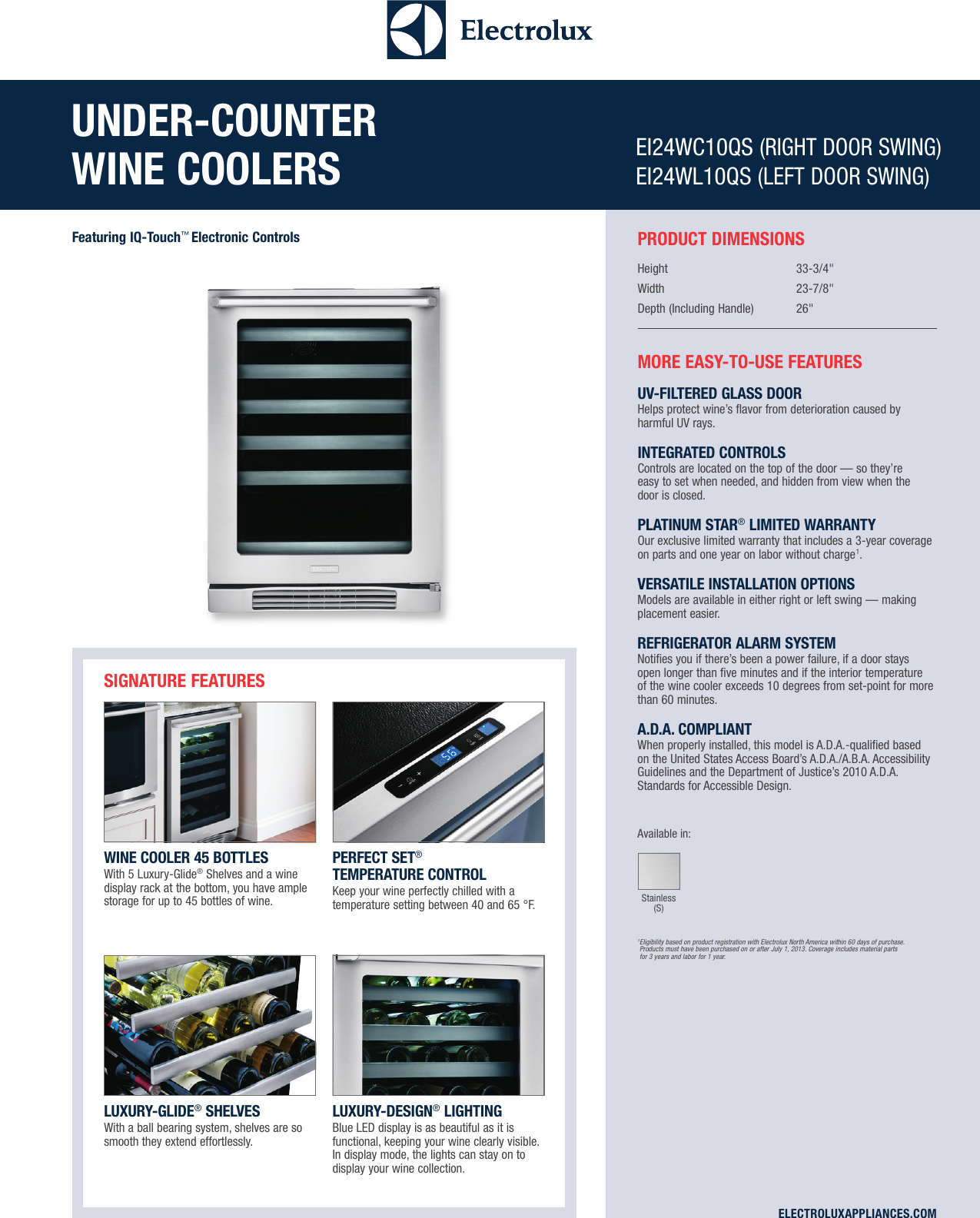 Page 1 of 6 - Electrolux Electrolux-24-Under-Counter-Wine-Cooler-With-Right-Door-Swing-Ei24Wc10Qs-Product-Specifications-Sheet-  Electrolux-24-under-counter-wine-cooler-with-right-door-swing-ei24wc10qs-product-specifications-sheet