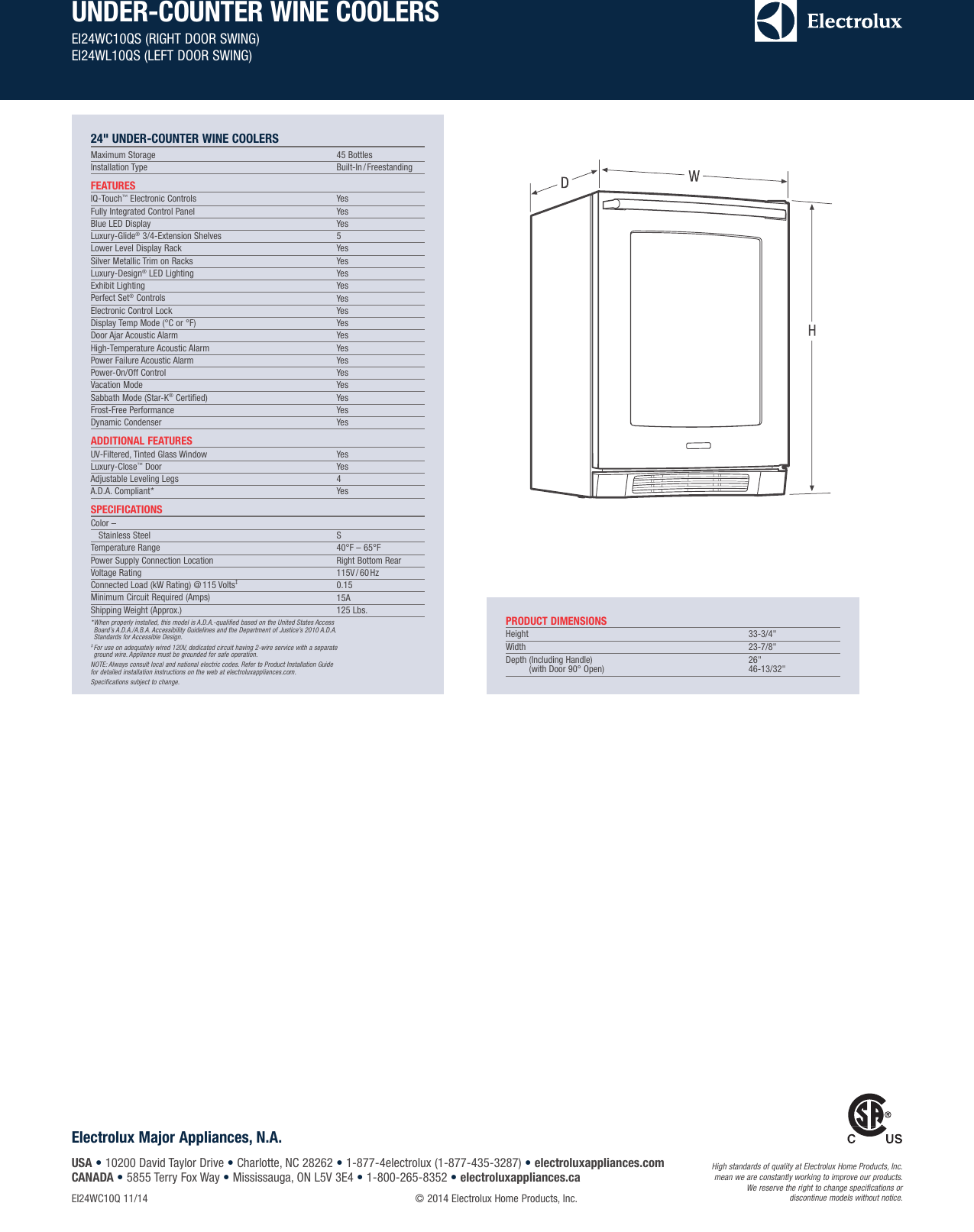 Page 2 of 6 - Electrolux Electrolux-24-Under-Counter-Wine-Cooler-With-Right-Door-Swing-Ei24Wc10Qs-Product-Specifications-Sheet-  Electrolux-24-under-counter-wine-cooler-with-right-door-swing-ei24wc10qs-product-specifications-sheet