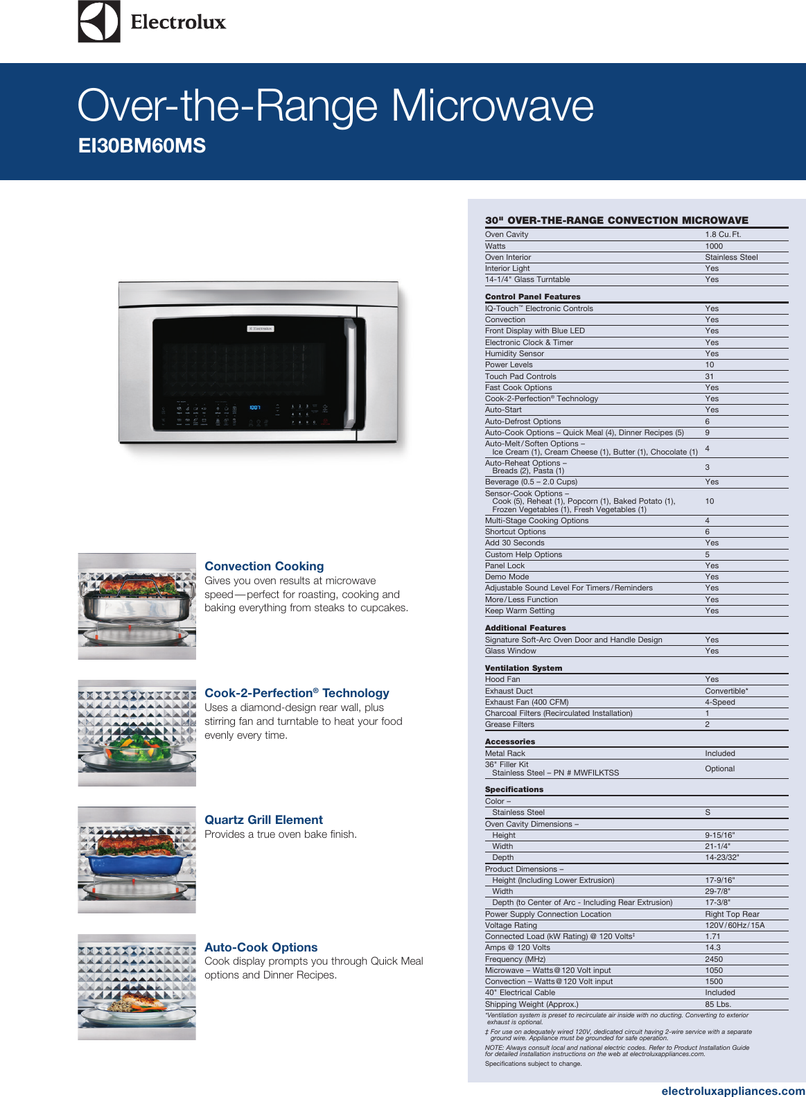 Electrolux 30 Over The Range Convection Microwave Oven With Bottom