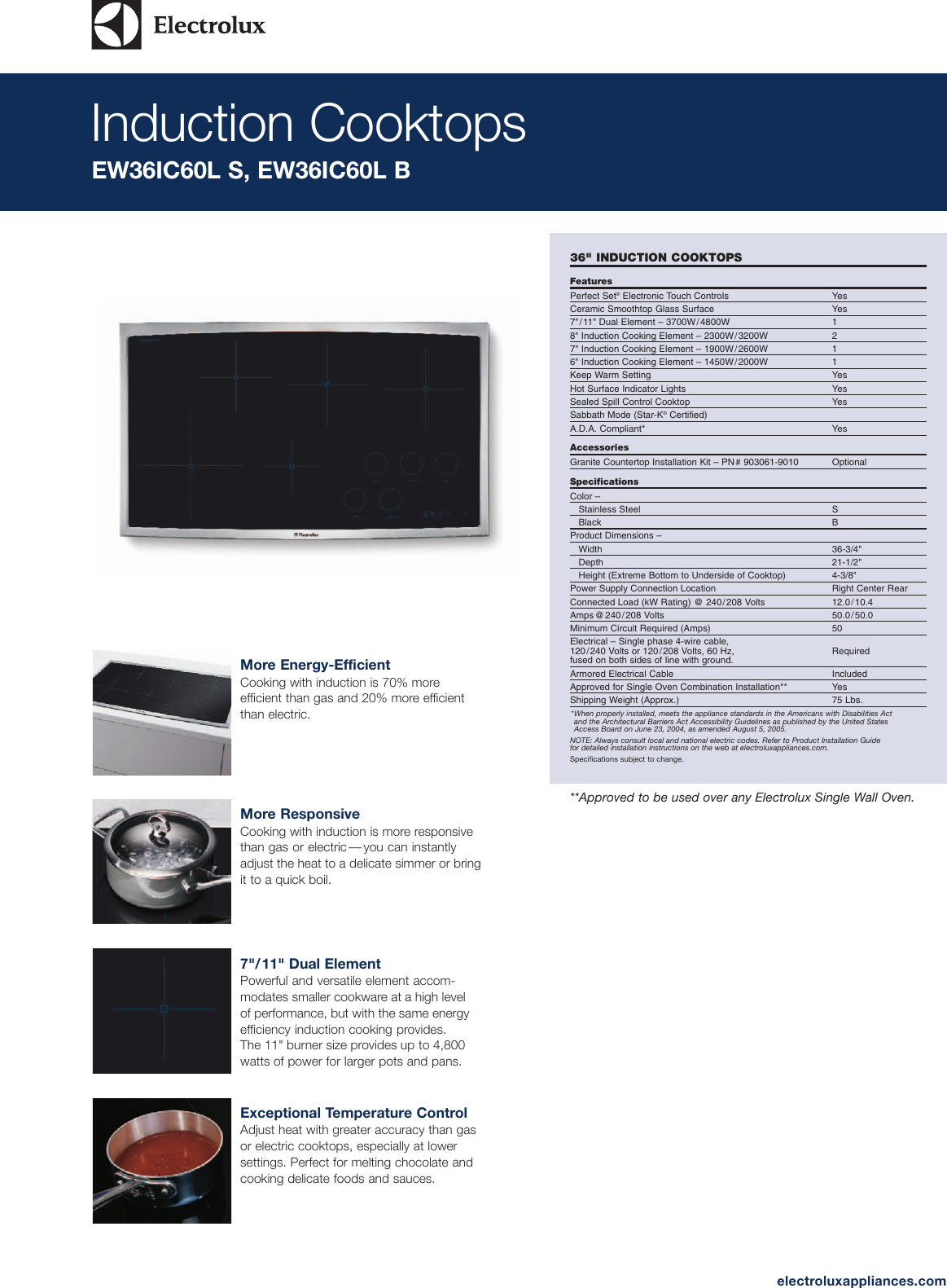 Electrolux 36 Induction Cooktop Ew36ic60lb Product Specifications