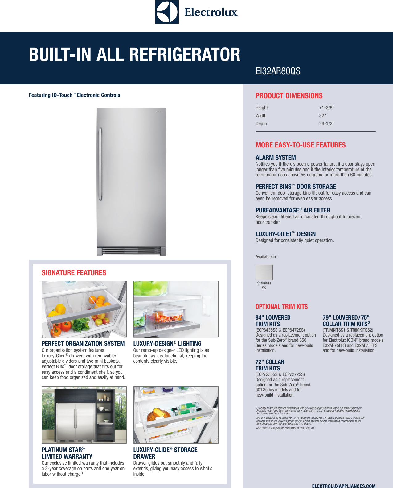 Page 1 of 4 - Electrolux Electrolux-Built-In-All-Refrigerator-With-Iq-Touch-Controls-Ei32Ar80Qs-Product-Specifications-Sheet-  Electrolux-built-in-all-refrigerator-with-iq-touch-controls-ei32ar80qs-product-specifications-sheet