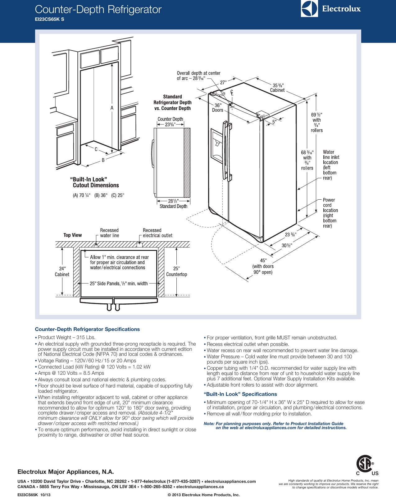 Electrolux Counter Depth Side By Refrigerator With Iq Touch Controls