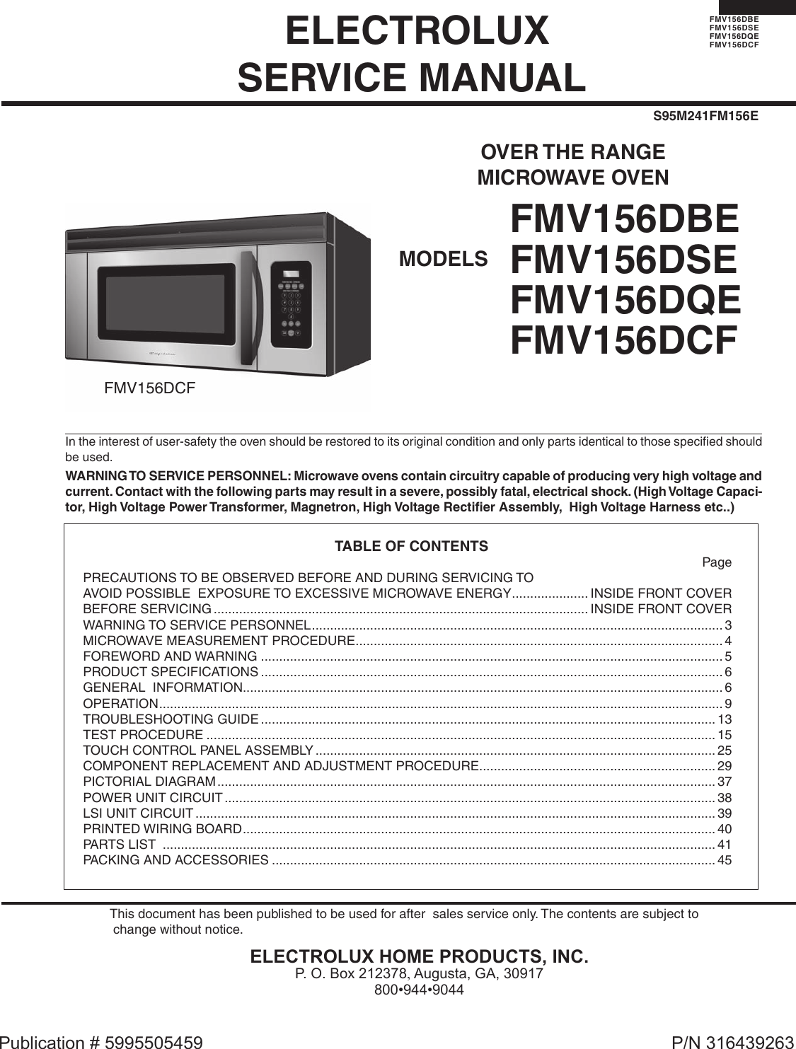 Electrolux Microwave Oven Fmv156Dbe Users Manual