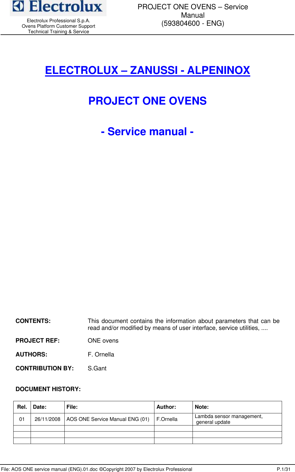 Electrolux Oven 593804600 Users Manual AOS ONE Service _ENG_.01